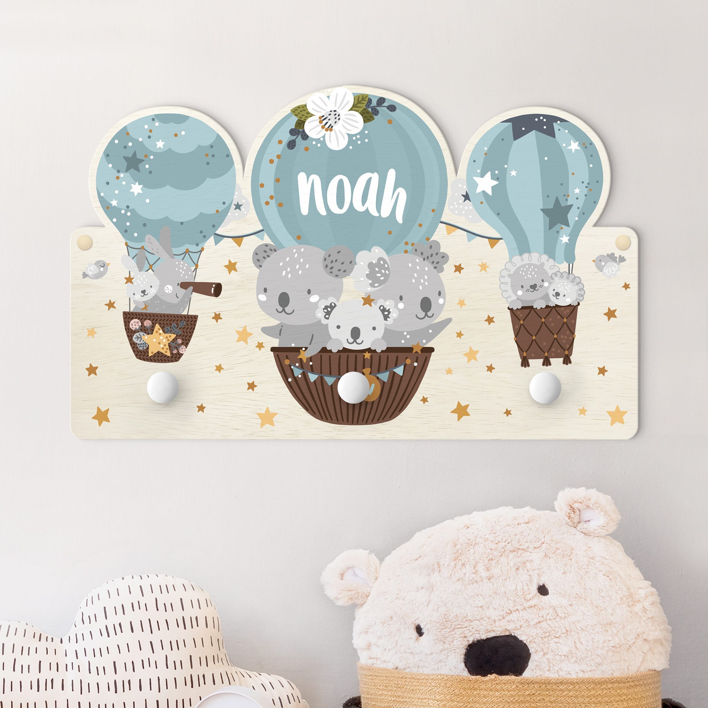 Kindergarderobe Holz mit Namen Tiere in Ballons mit Wunschname blau