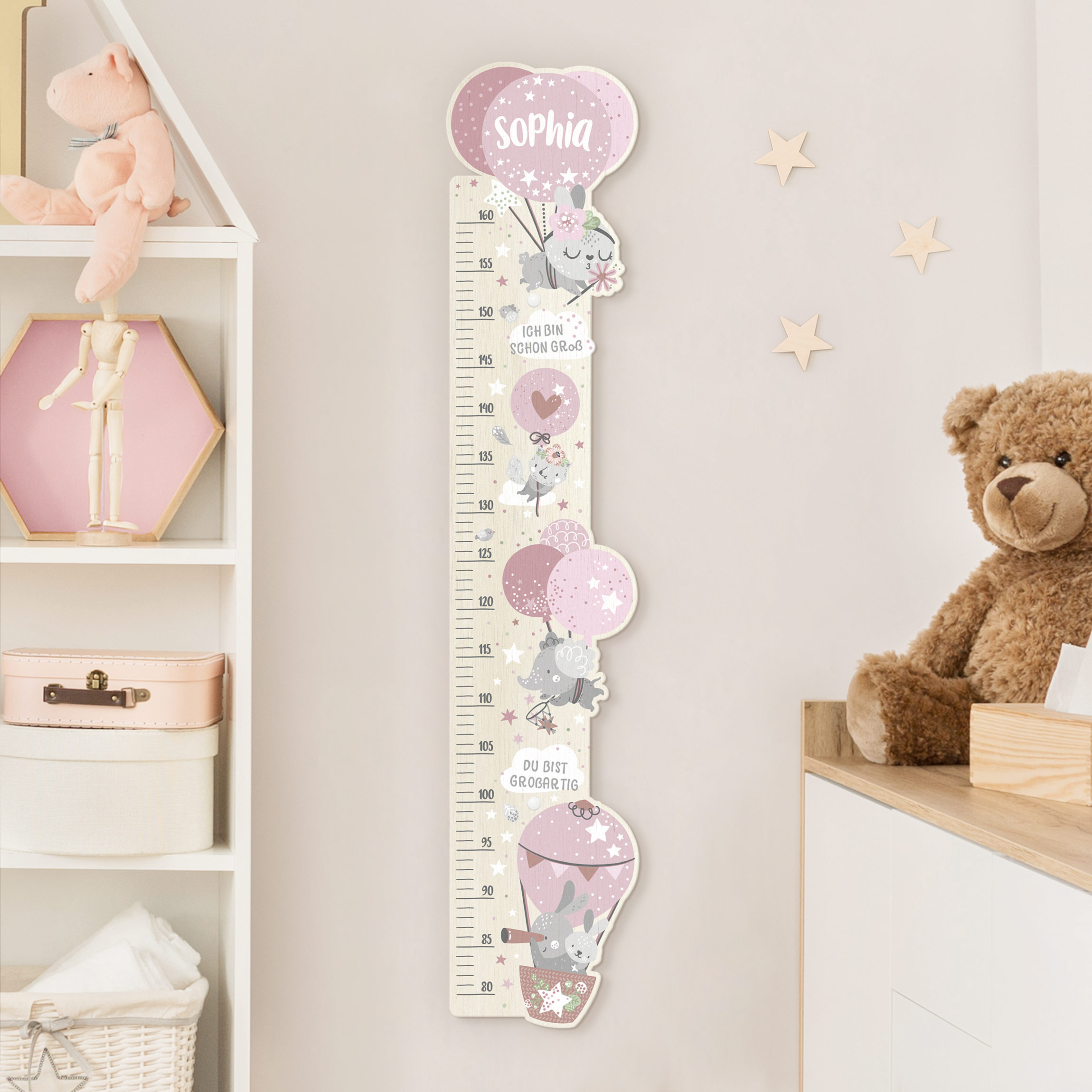 Kindermesslatte Holz Tiere in Ballons mit Wunschname Rosa