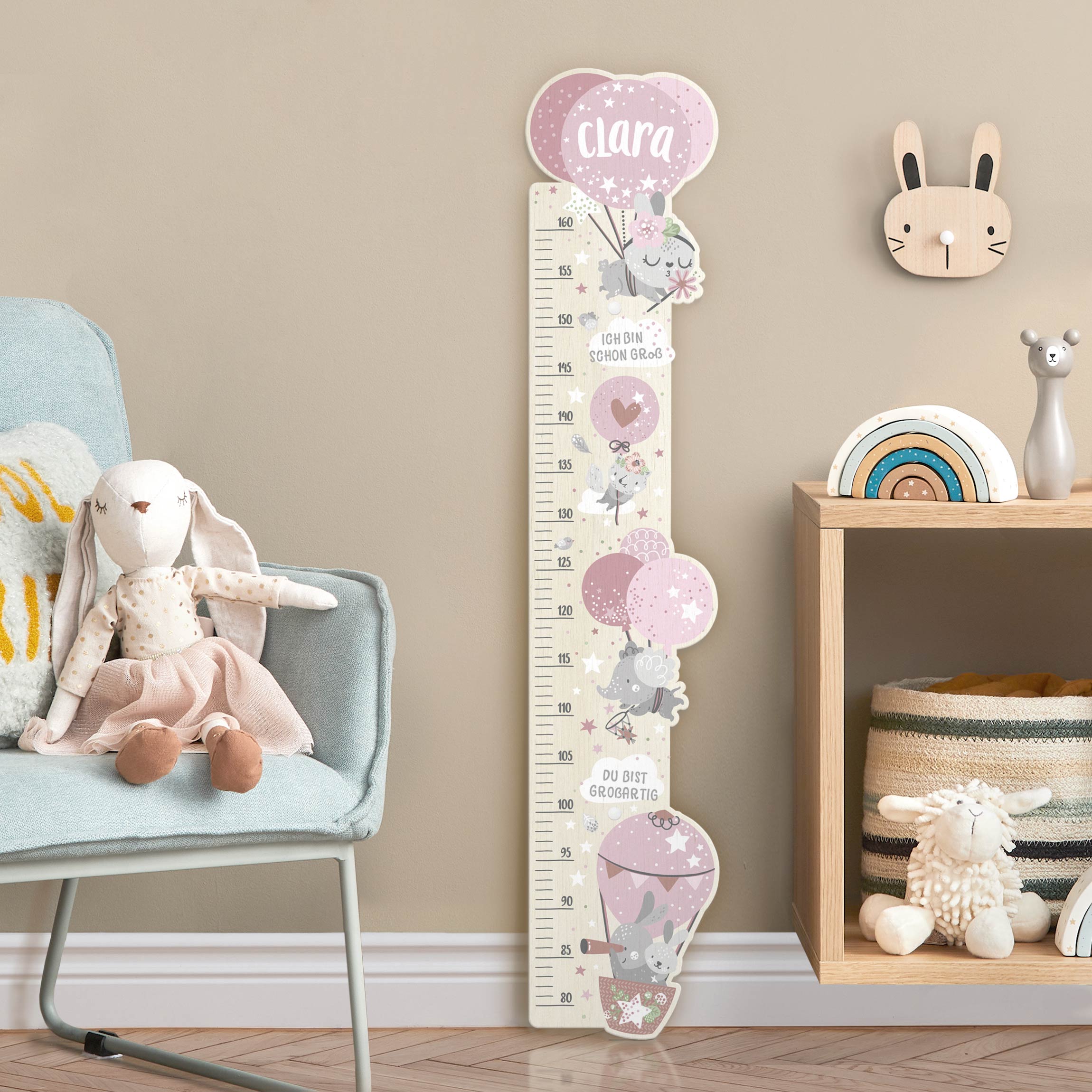 Kindermesslatte Holz Tiere in Ballons mit Wunschname Rosa