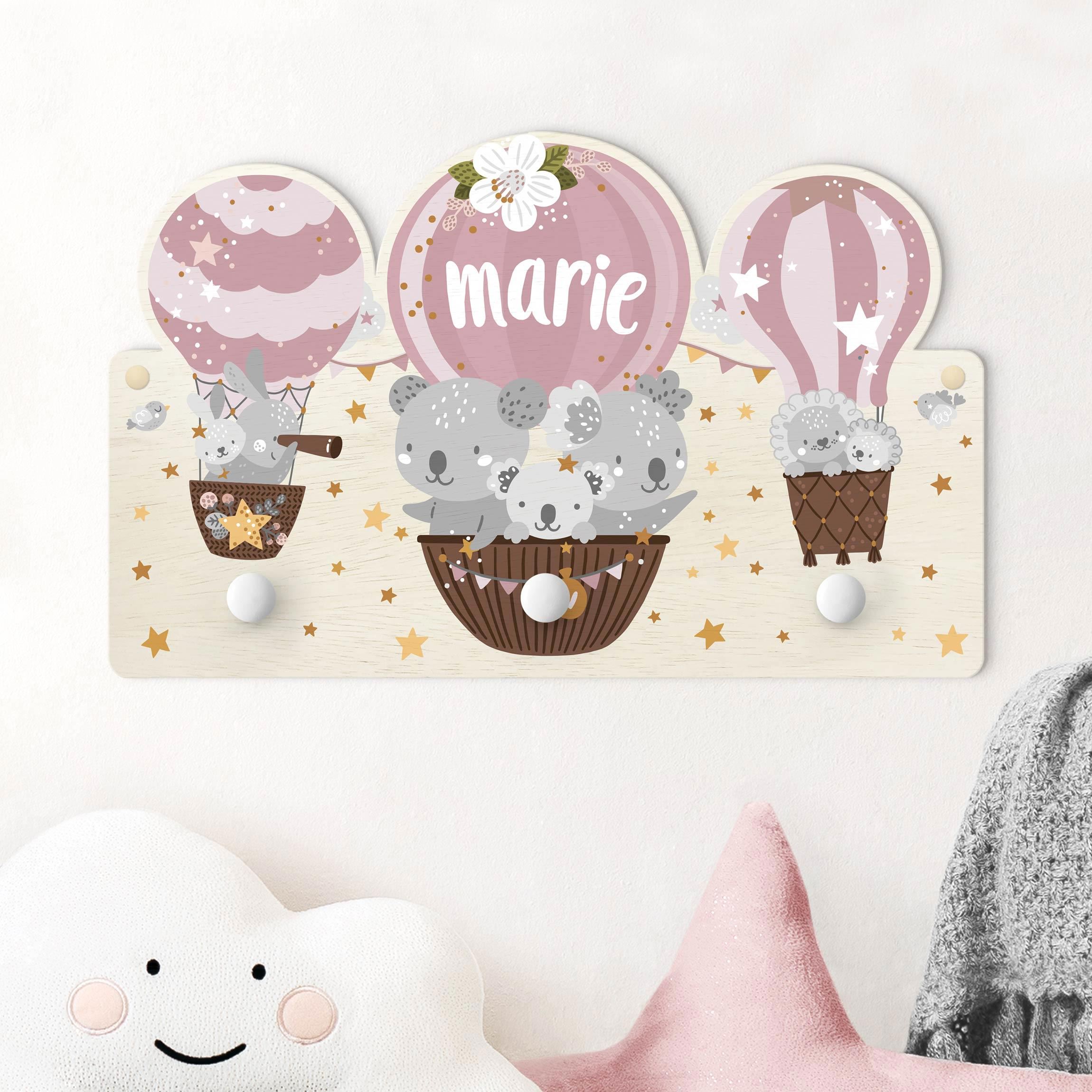 Kindergarderobe Holz mit Namen Tiere in Ballons mit Wunschname rosa