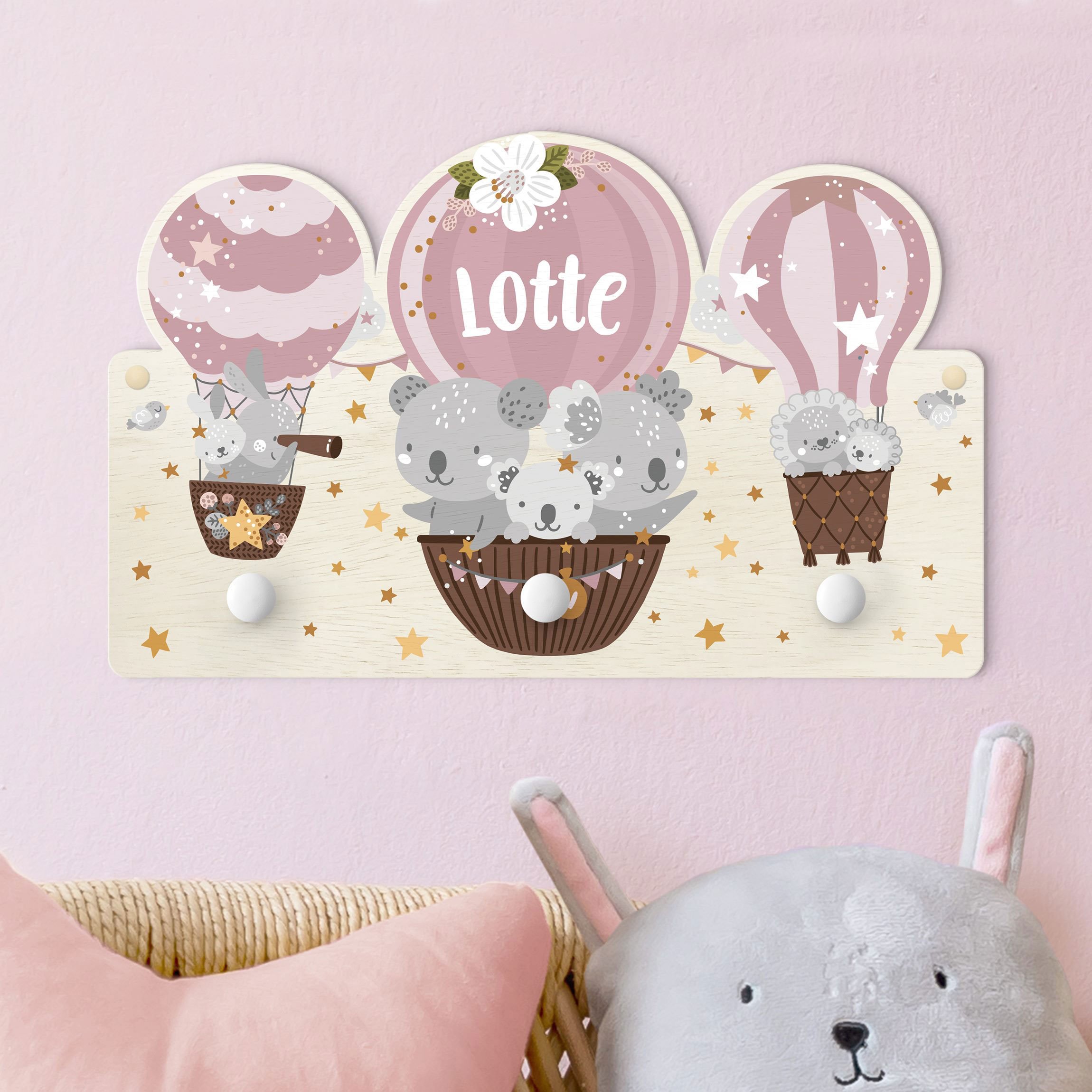 Kindergarderobe Holz mit Namen Tiere in Ballons mit Wunschname rosa