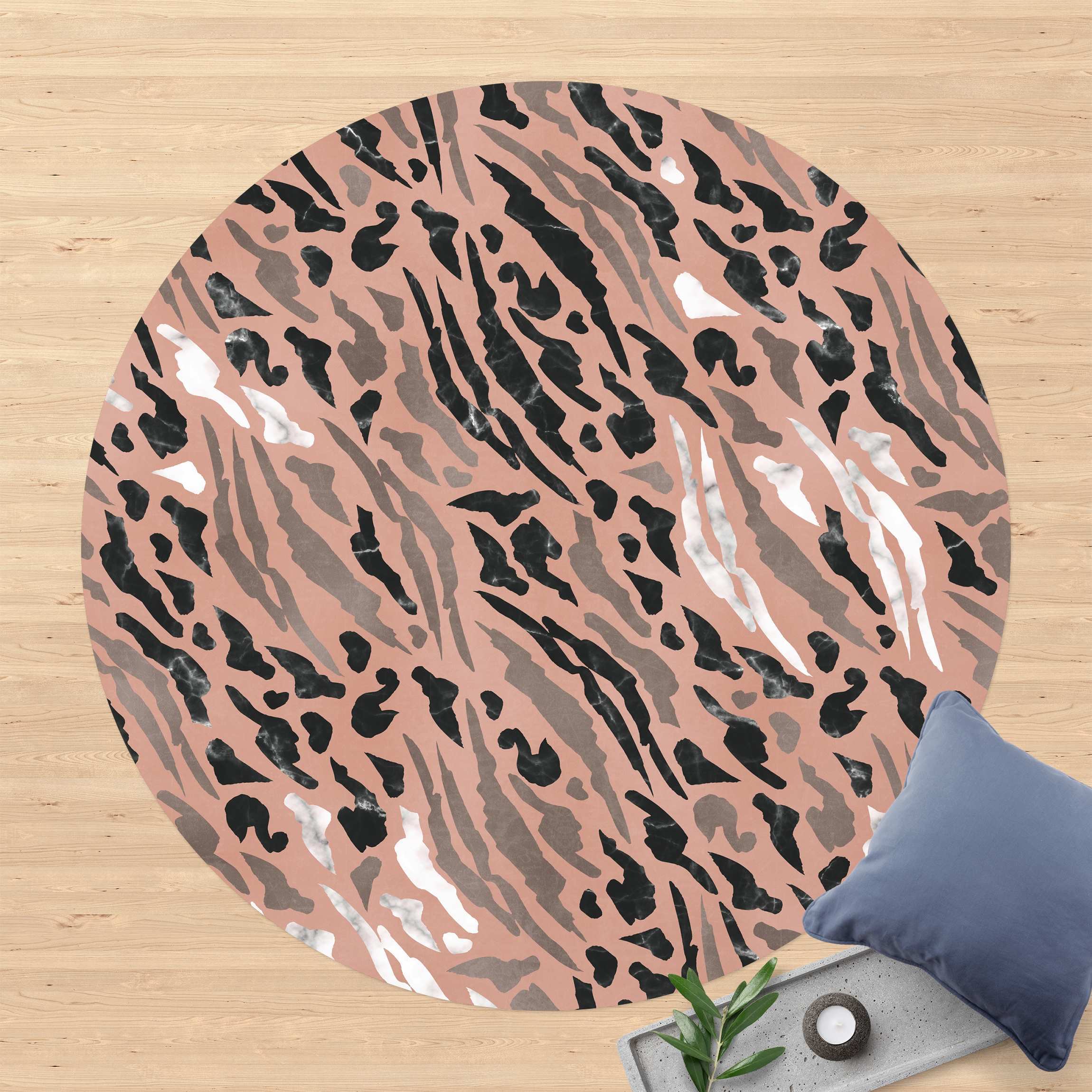 Runder Vinyl-Teppich Tigerstreifen in Marmor und Gold