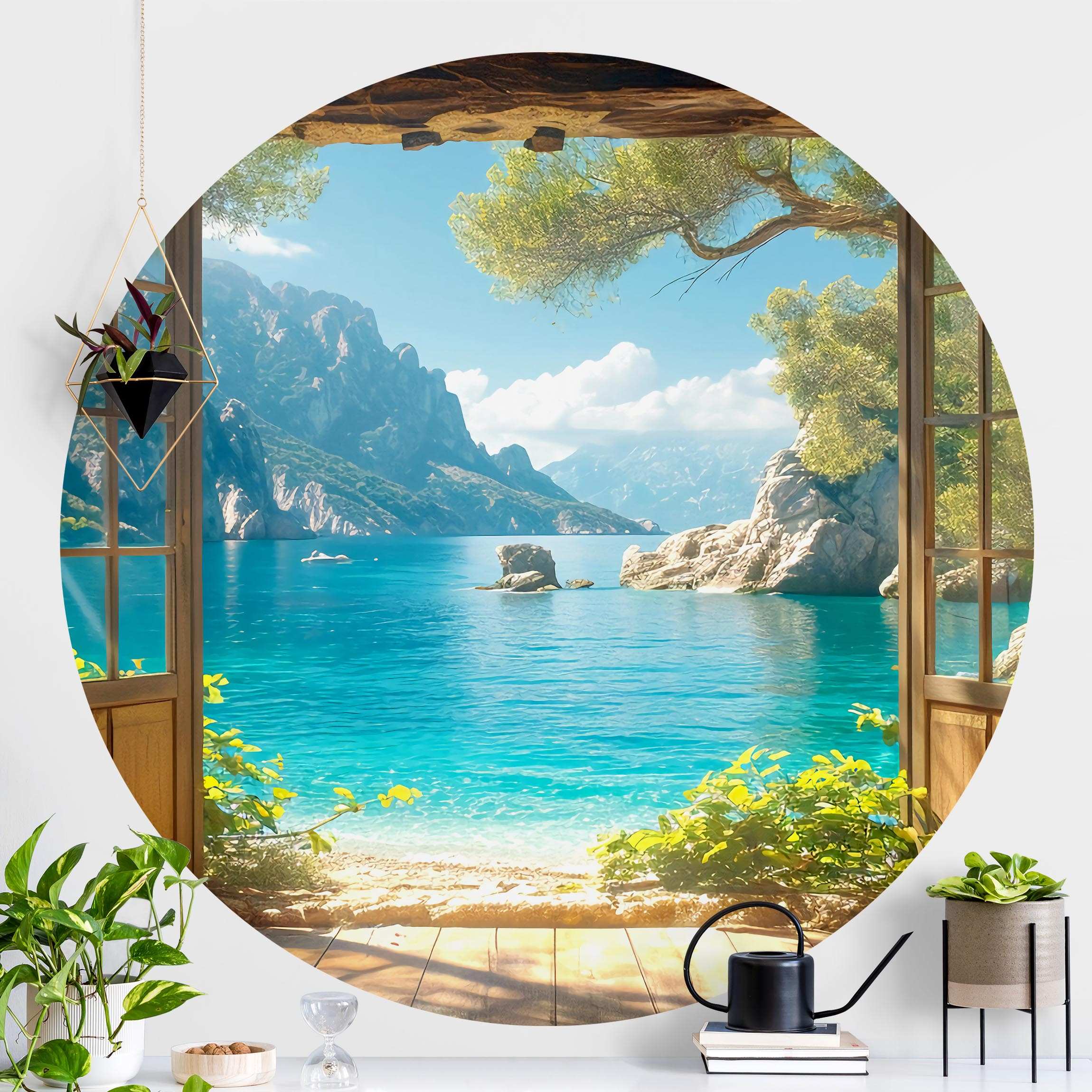 Runde Tapete selbstklebend Traumhafter Ausblick durchs Fenster