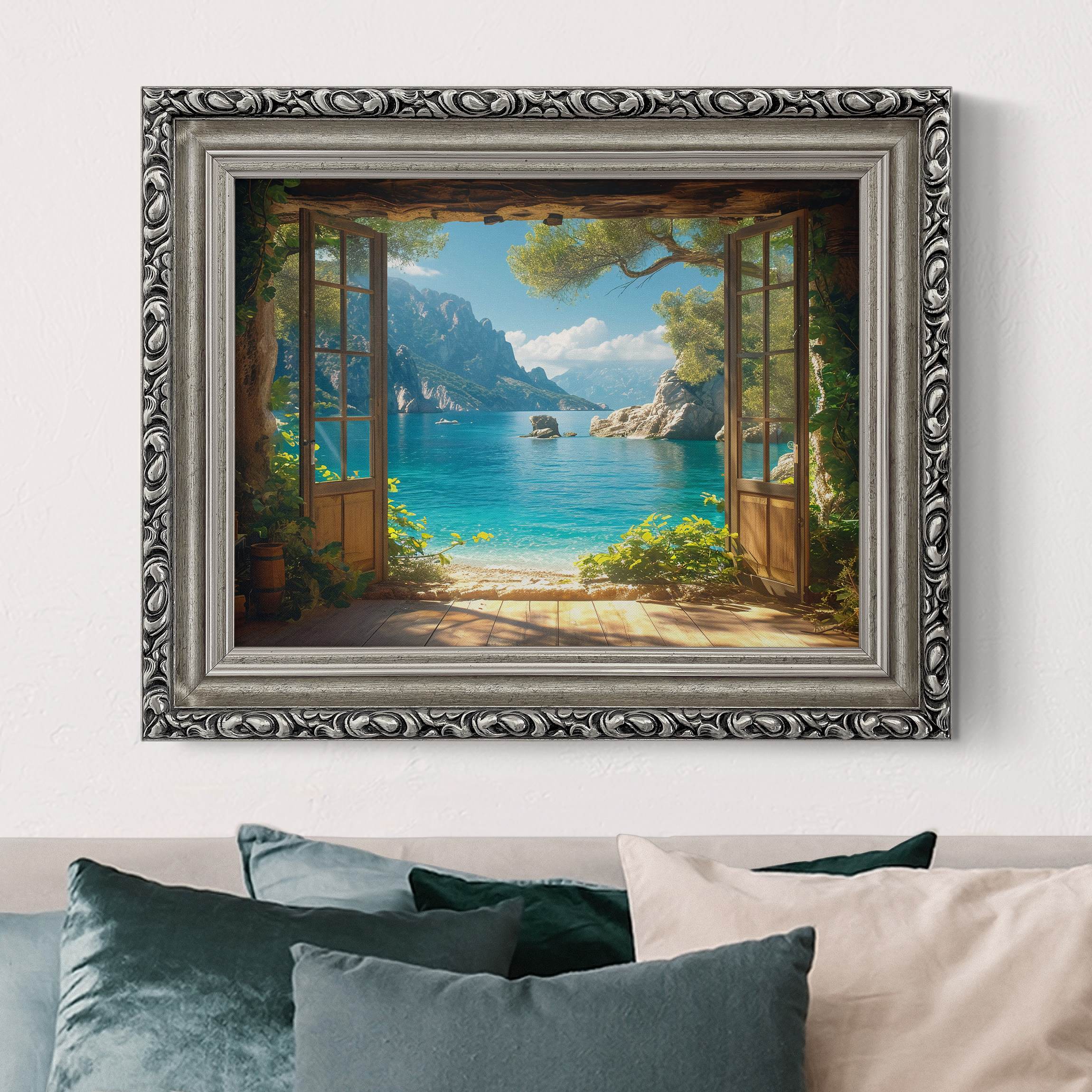 Leinwandbild mit Barockrahmen Traumhafter Ausblick durchs Fenster