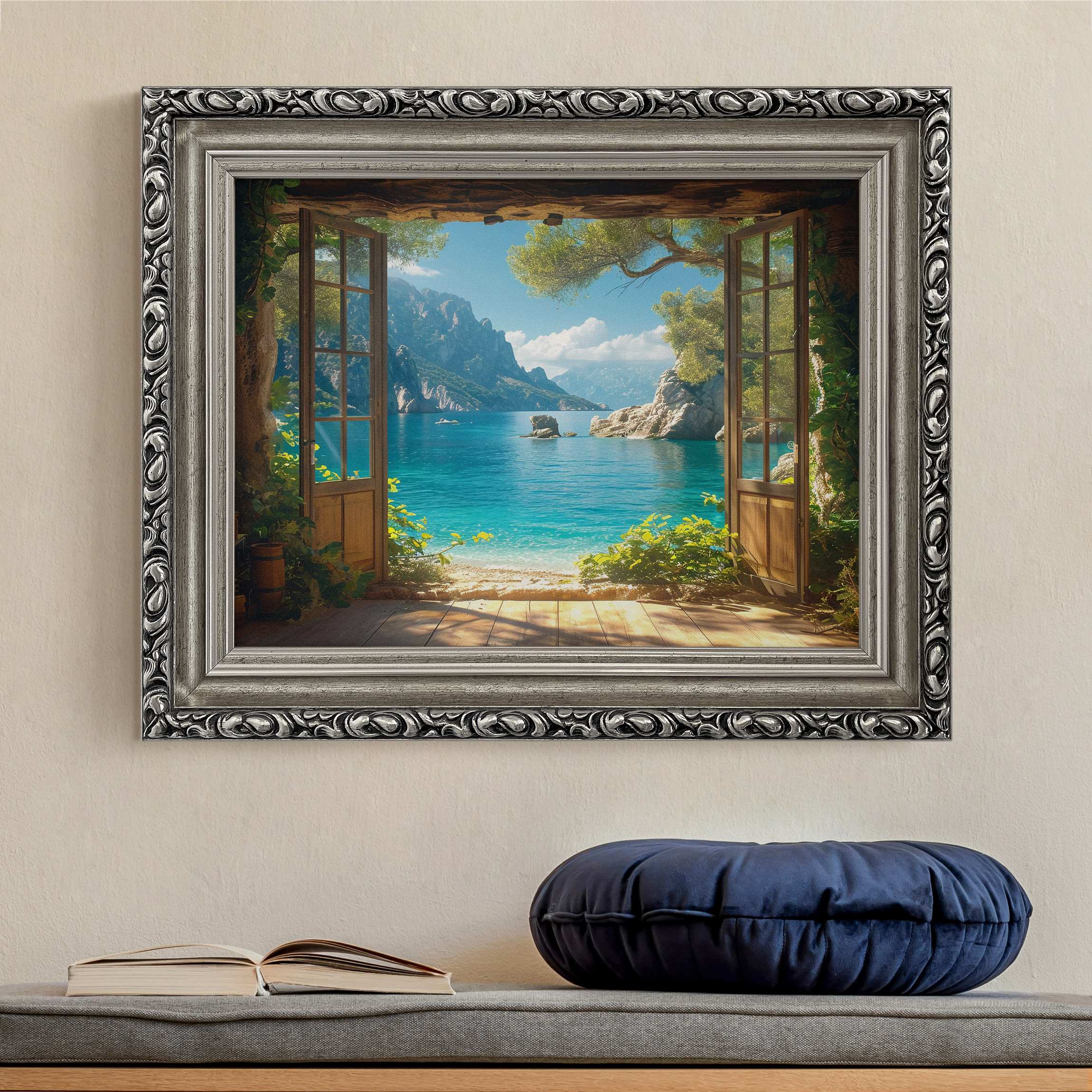 Leinwandbild in Barockrahmen Traumhafter Ausblick durchs Fenster