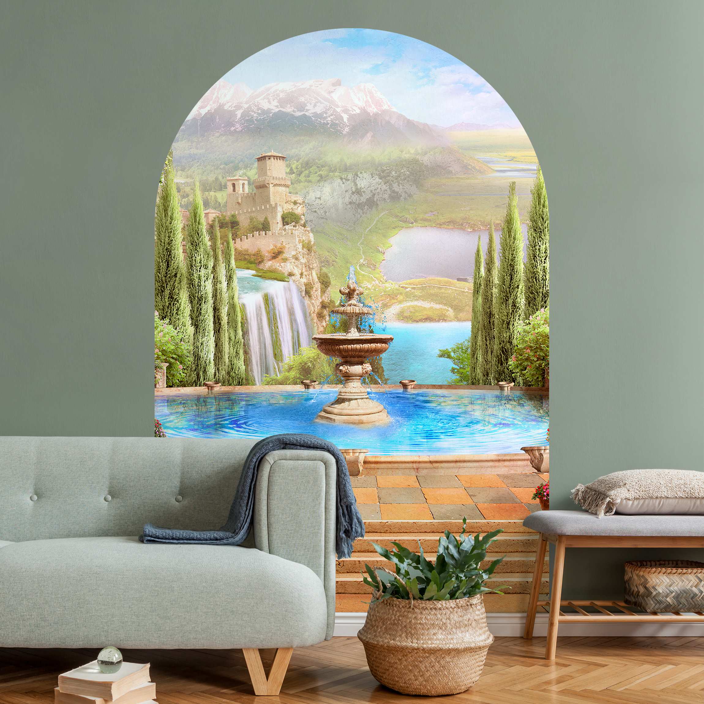 Rundbogen Tapete Traumhafter Garten mit Ausblick auf die Berge