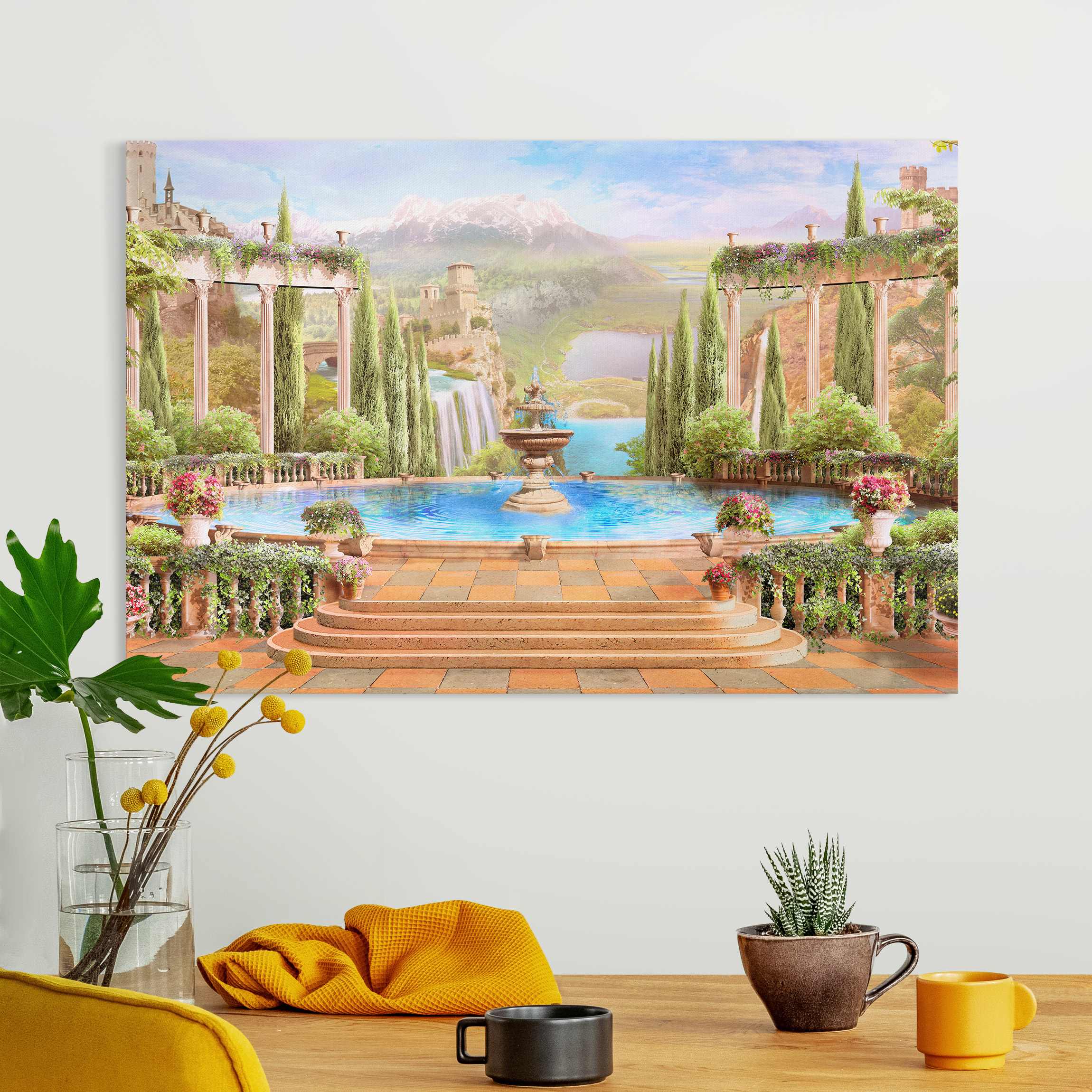 Leinwandbild Traumhafter Garten mit Ausblick auf die Berge
