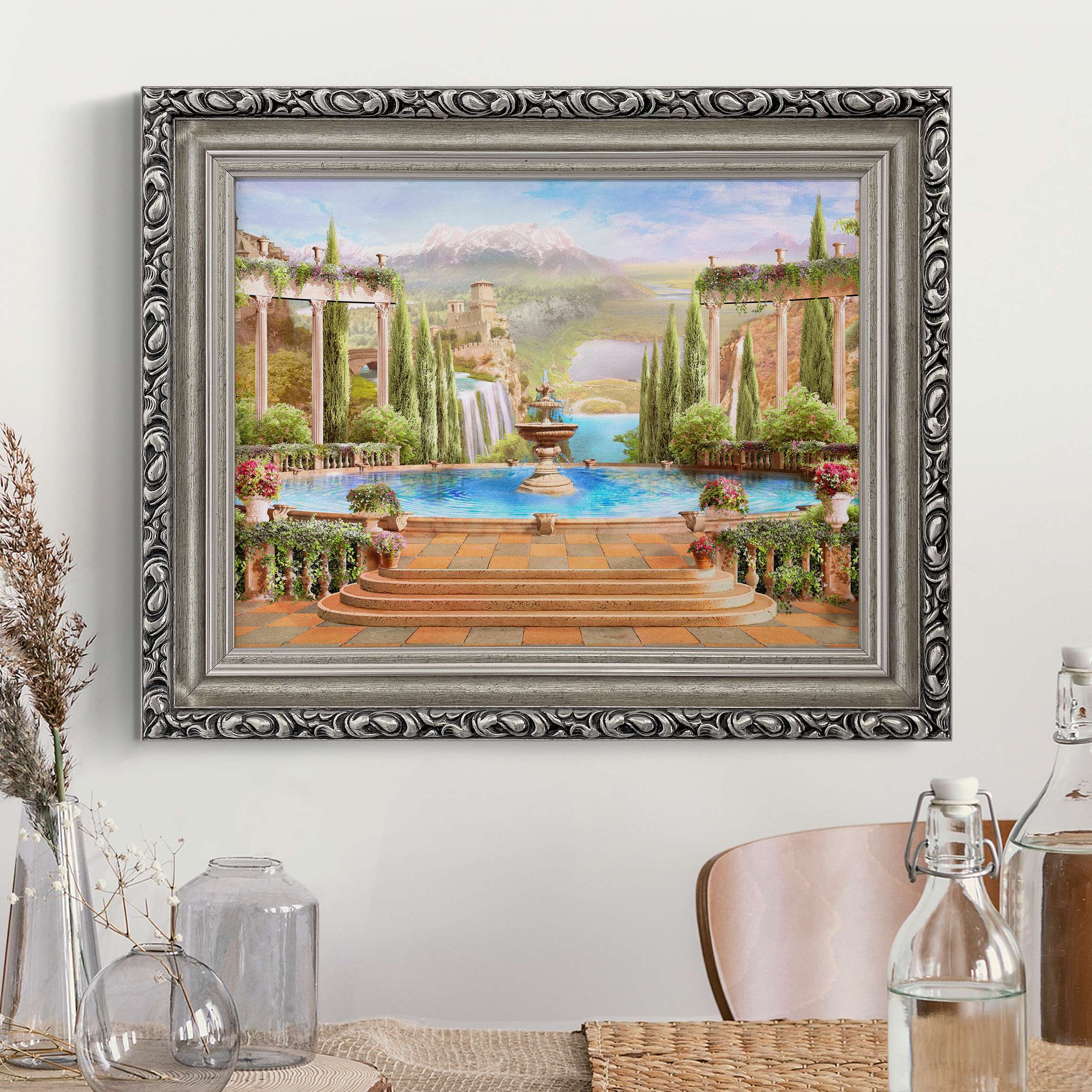 Leinwandbild mit Barockrahmen Traumhafter Garten mit Ausblick auf die Berge