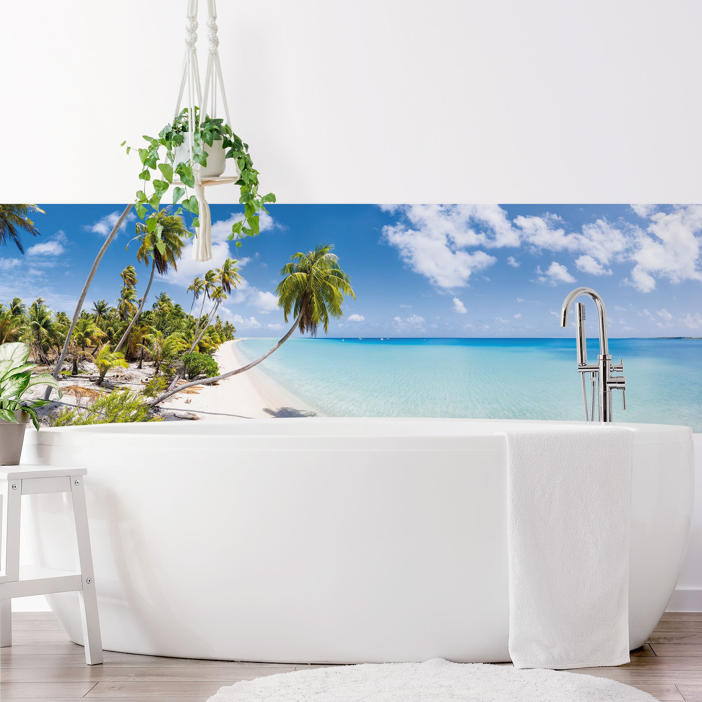 Wandverkleidung Bad Traumstrand mit Palmen und türkisblauem Meer