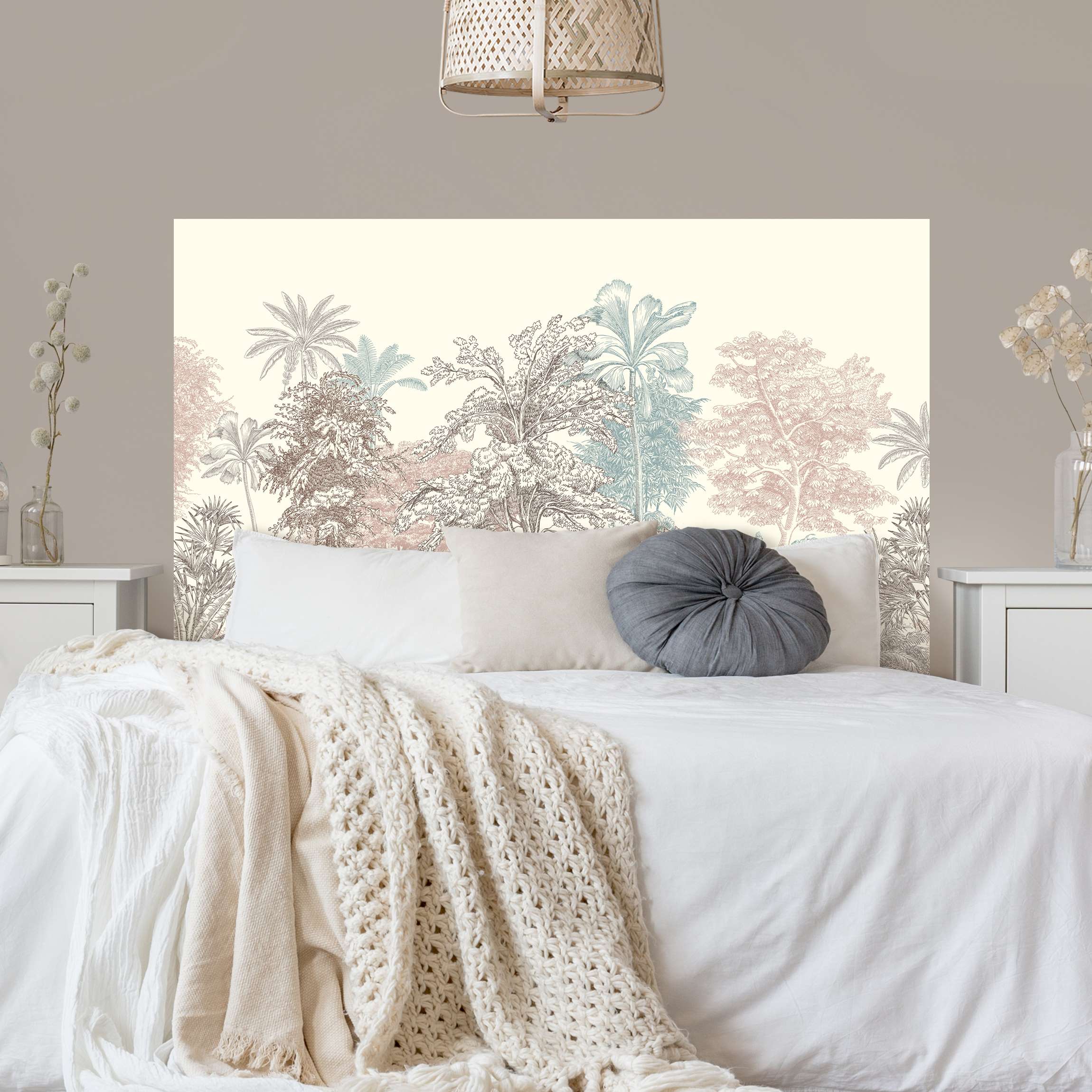Kopfteil Bett Tropenwald mit Palmen in Pastell