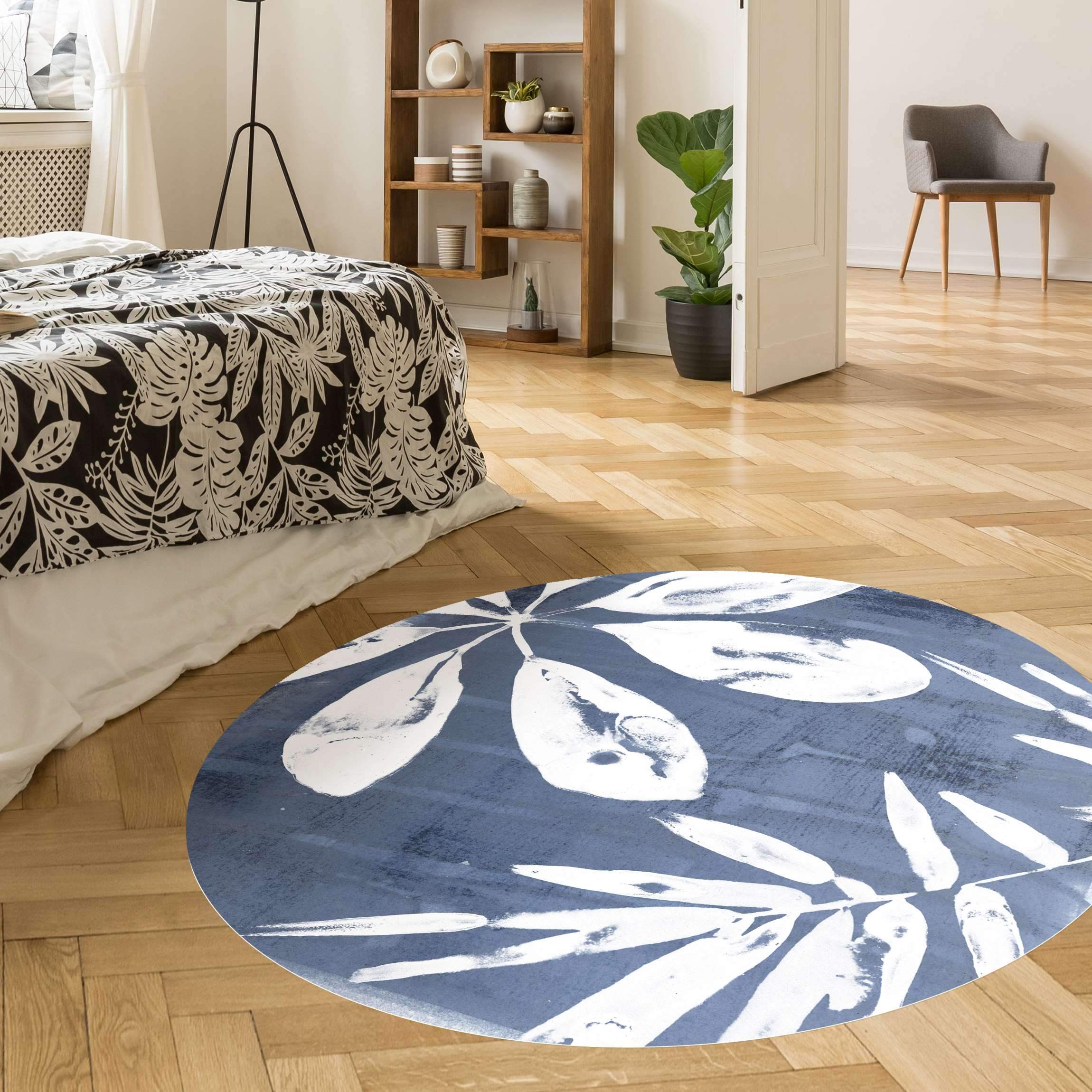 Runder Vinyl-Teppich Tropische Blätter Indigo I