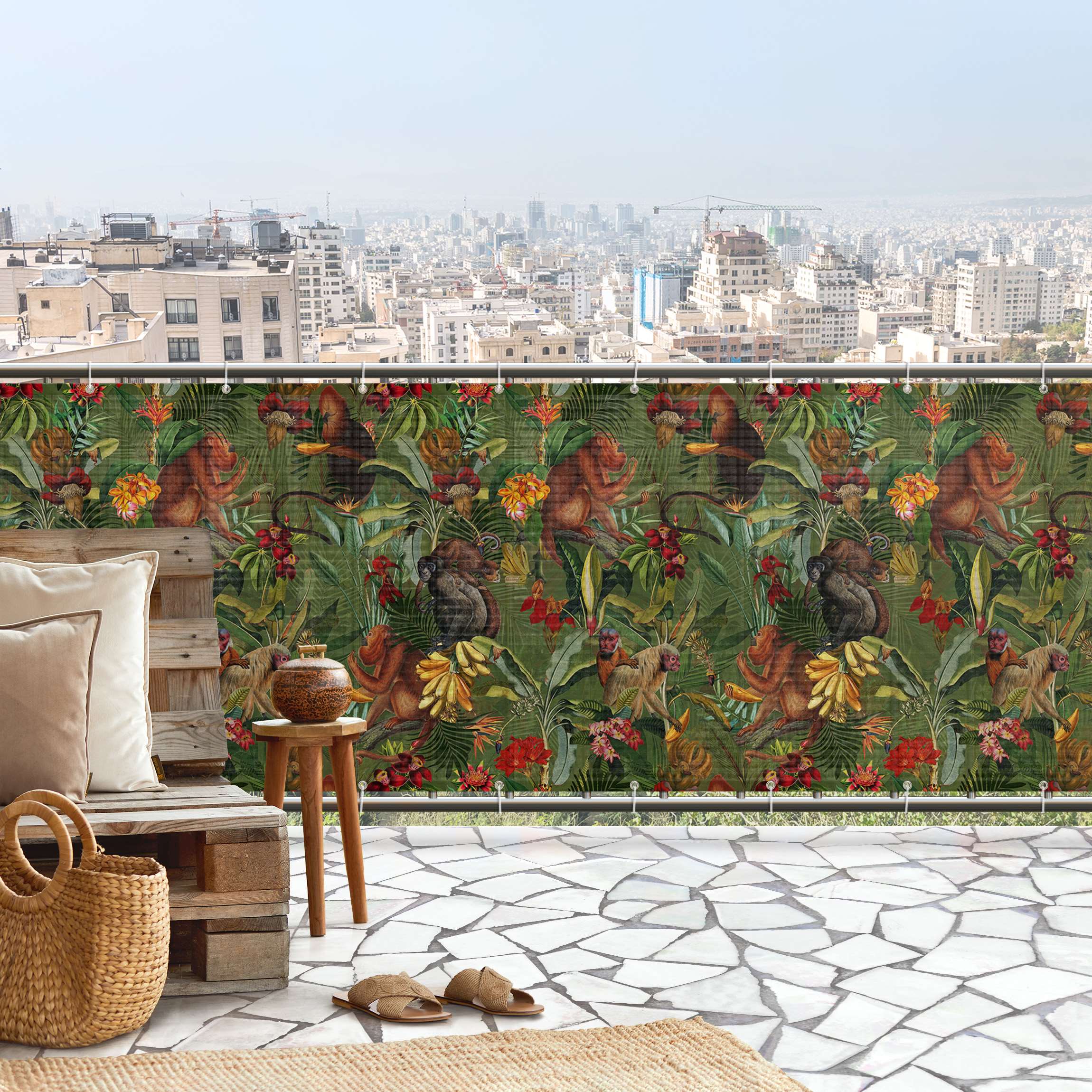Balkon Sichtschutz Tropische Blumen mit Affen