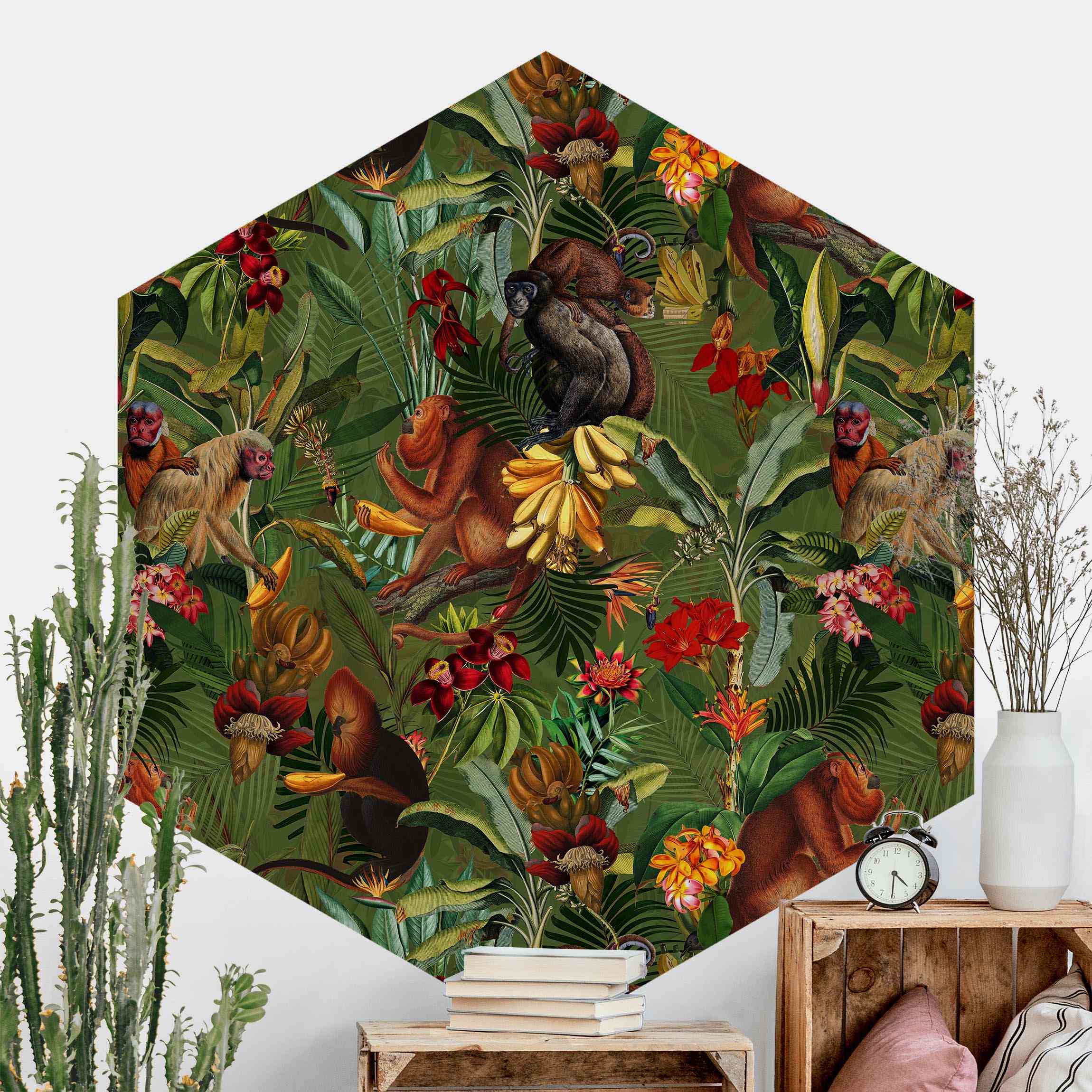 Hexagon Mustertapete Tropische Blumen mit Affen