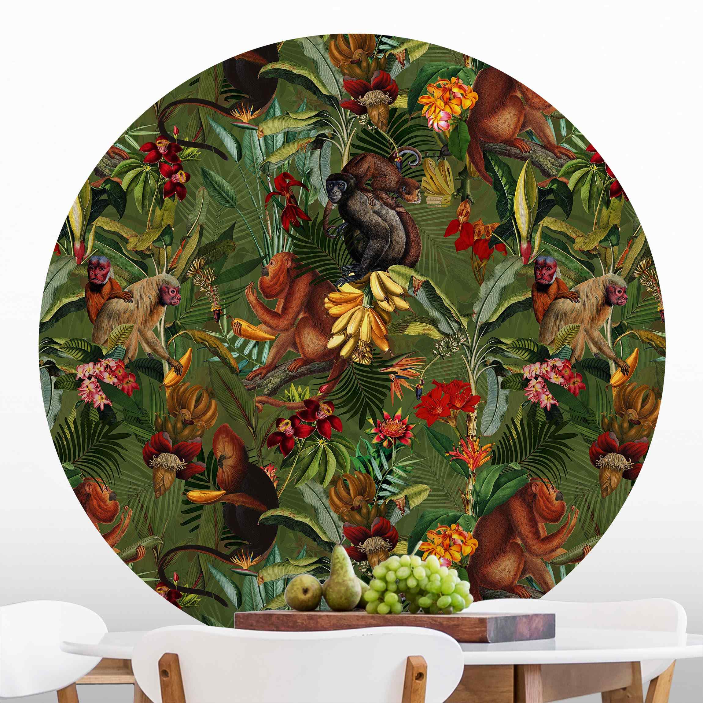 Runde Mustertapete Tropische Blumen mit Affen