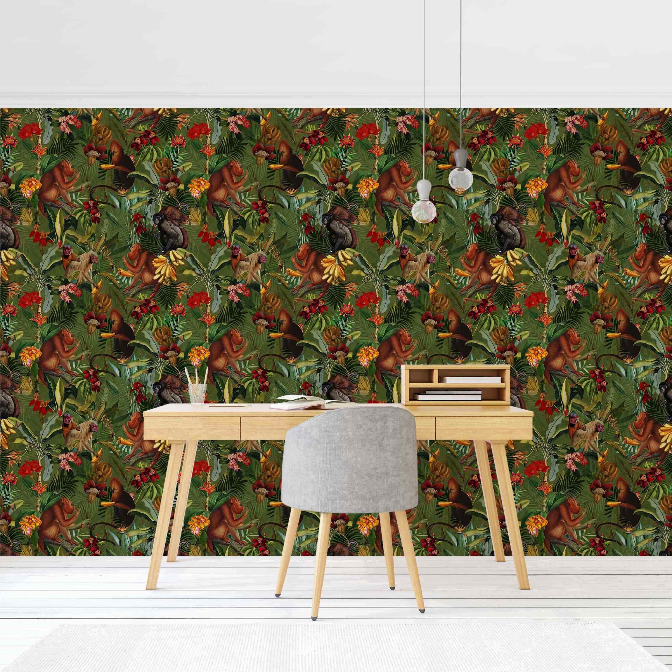 Mustertapete Tropische Blumen mit Affen