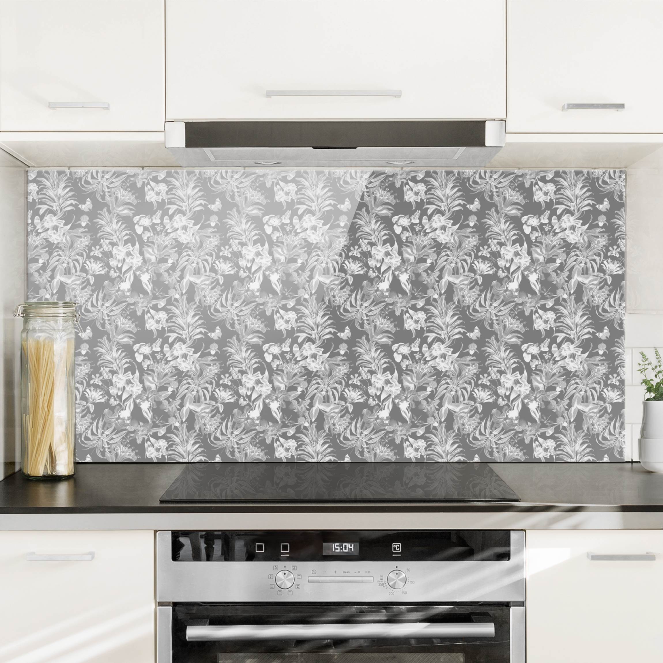 Spritzschutz Tropische Blumen vor Grau
