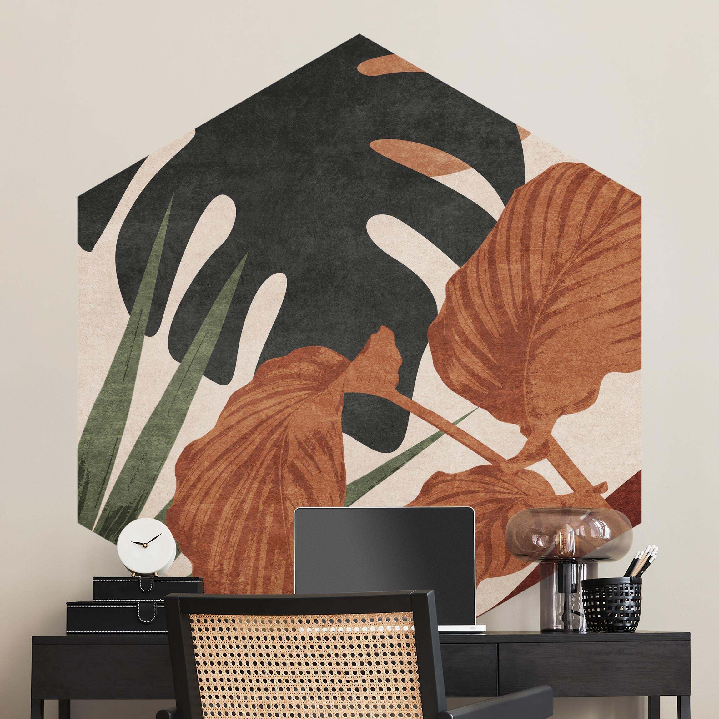 Hexagon Tapete selbstklebend Tropische Boho Blätter