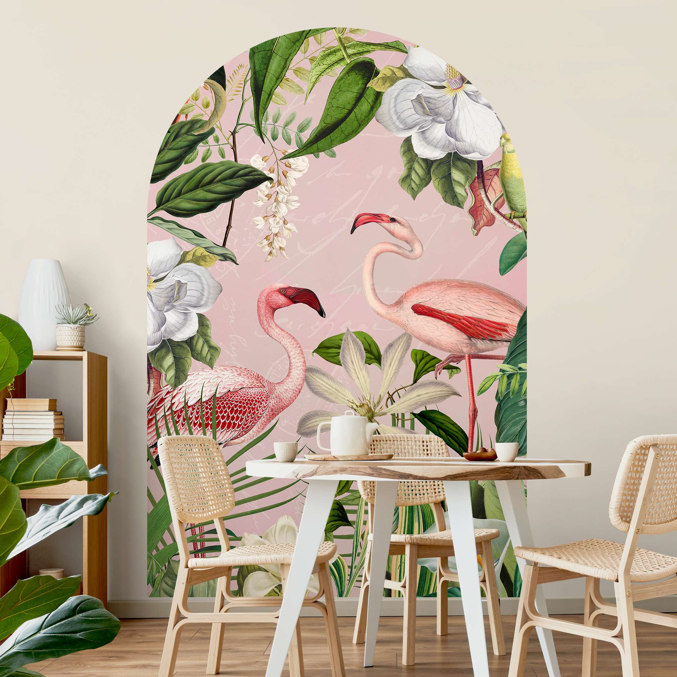 Rundbogen Tapete Tropische Flamingos mit Pflanzen in Rosa