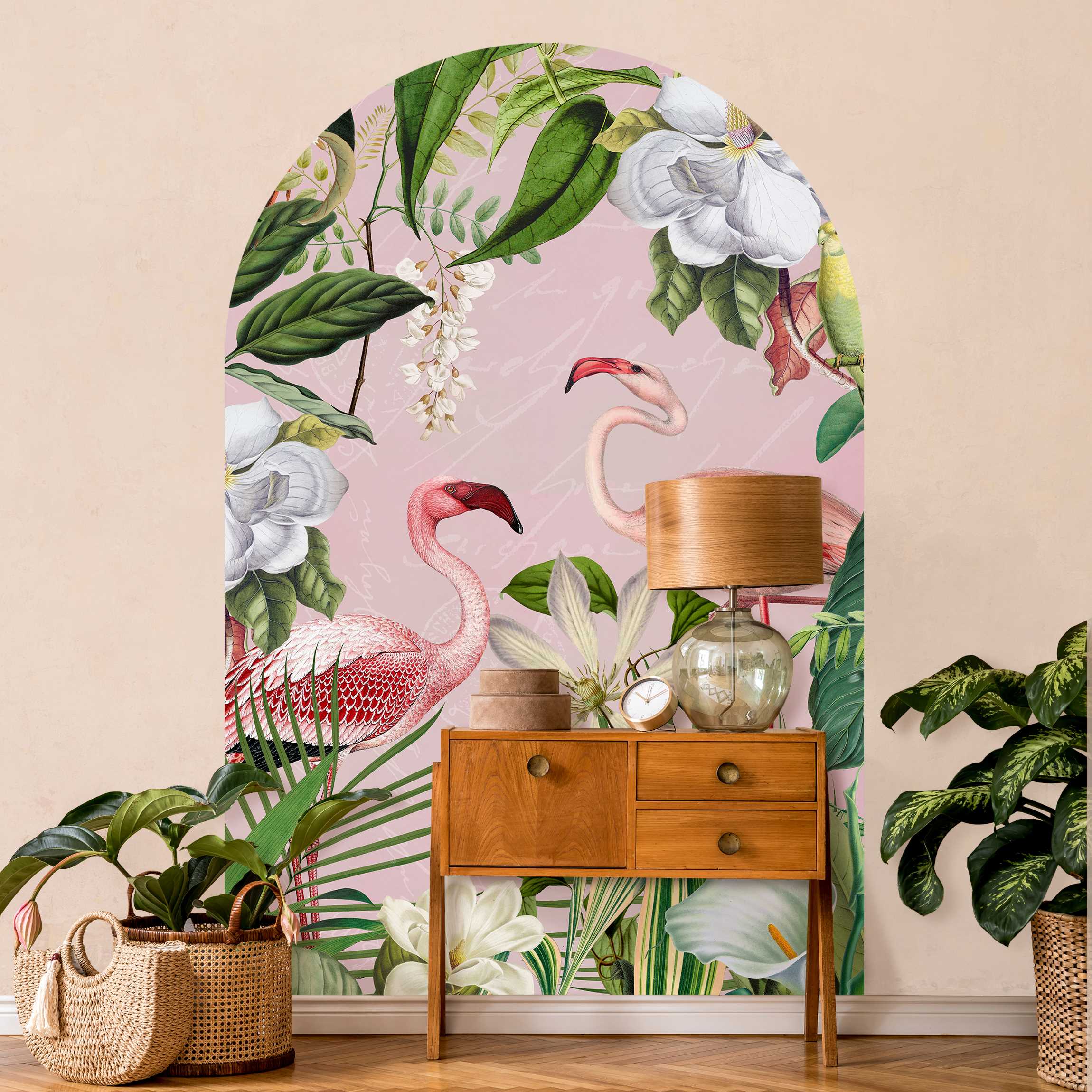 Rundbogen Tapete Tropische Flamingos mit Pflanzen in Rosa