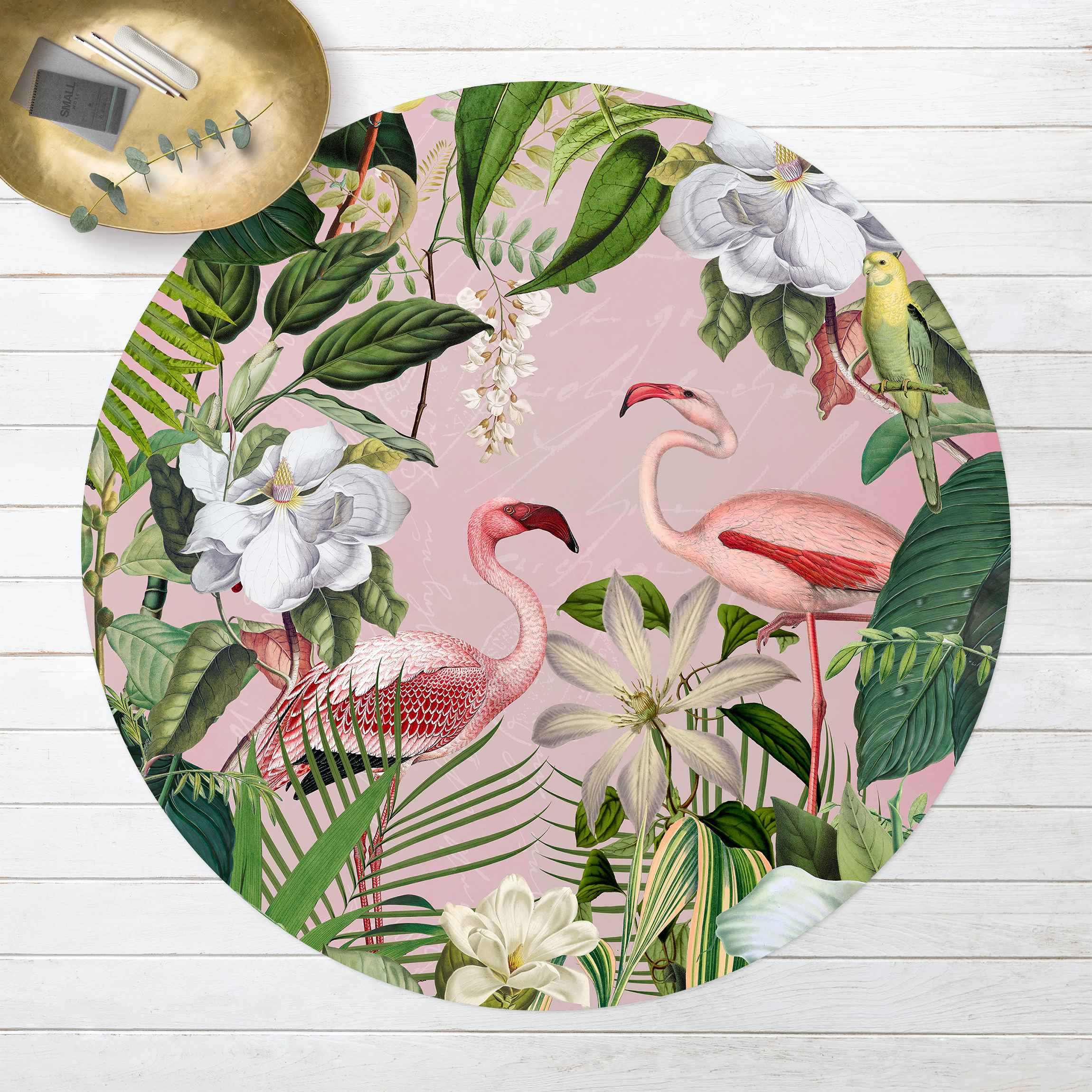 Runder Vinyl-Teppich Tropische Flamingos mit Pflanzen in Rosa