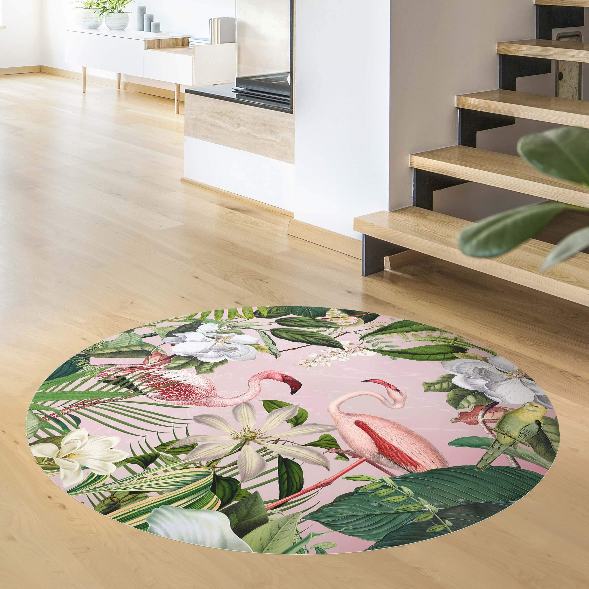 Runder Vinyl-Teppich Tropische Flamingos mit Pflanzen in Rosa