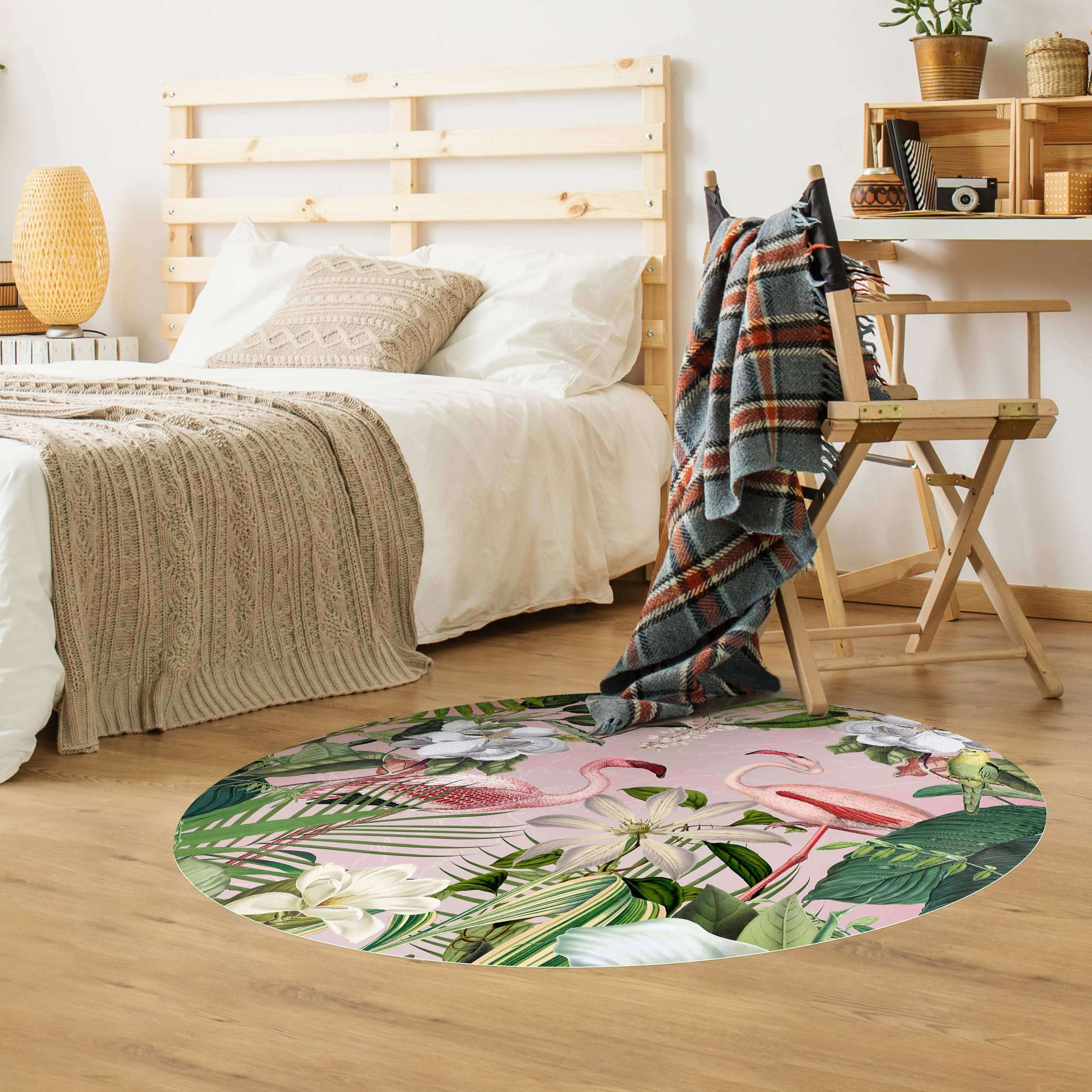 Runder Vinyl-Teppich Tropische Flamingos mit Pflanzen in Rosa