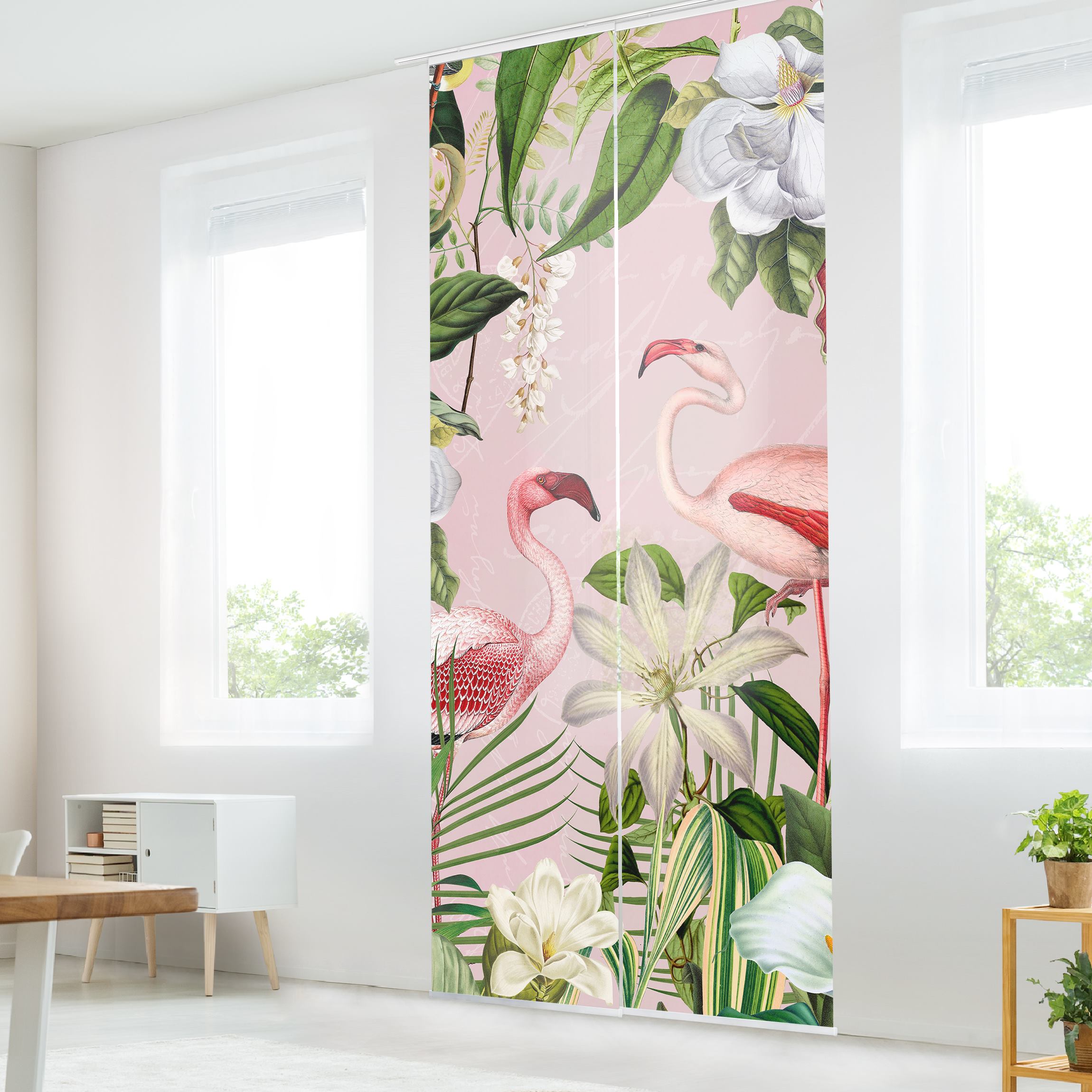 Schiebegardine Tropische Flamingos mit Pflanzen in Rosa