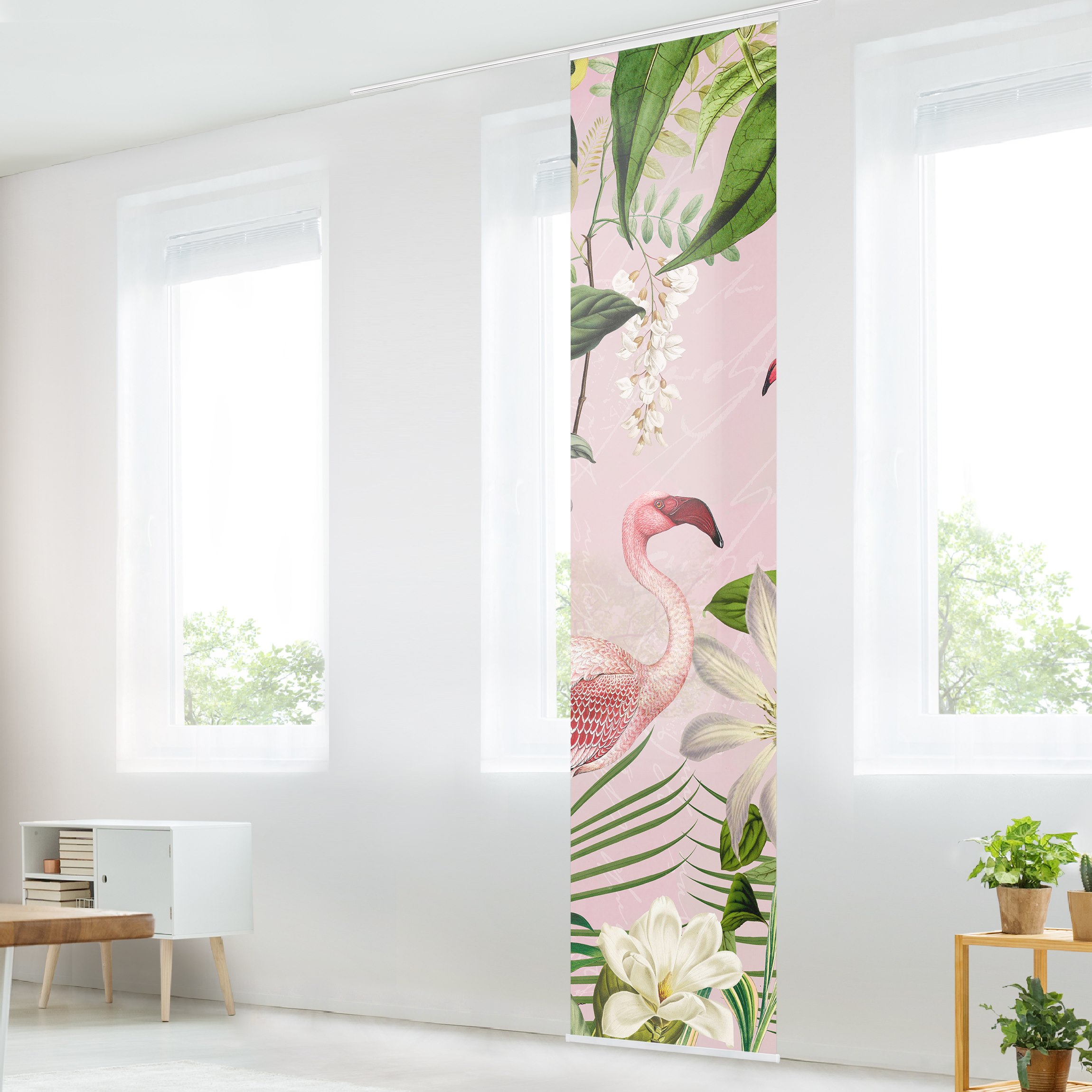 Schiebegardine Tropische Flamingos mit Pflanzen in Rosa