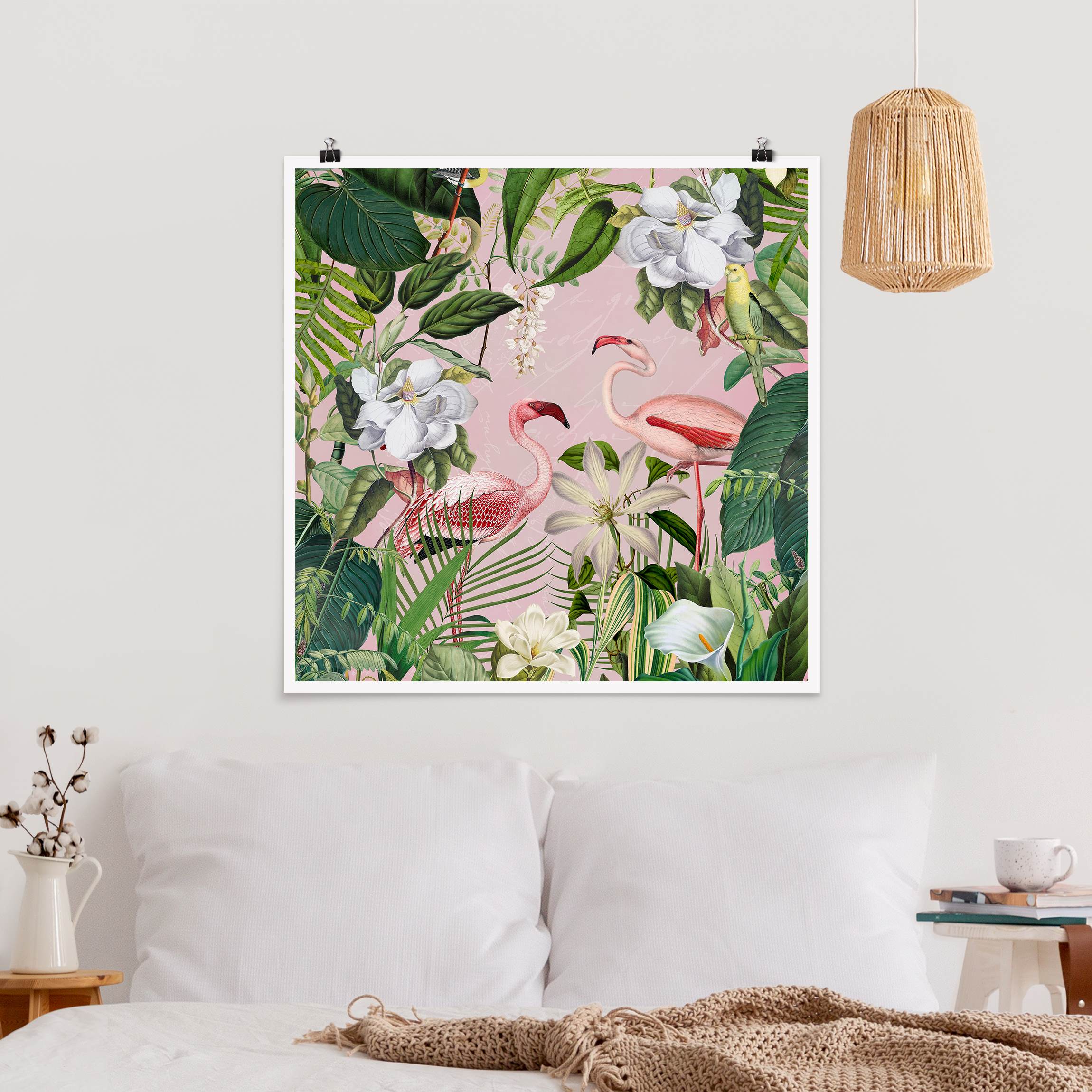 Poster Tropische Flamingos mit Pflanzen in Rosa