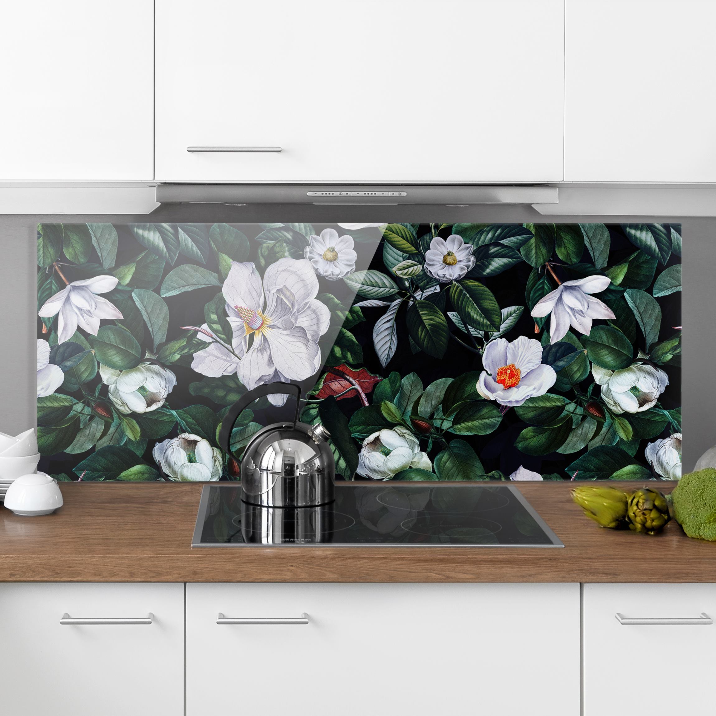 Spritzschutz Tropische Nacht mit weißen Blumen