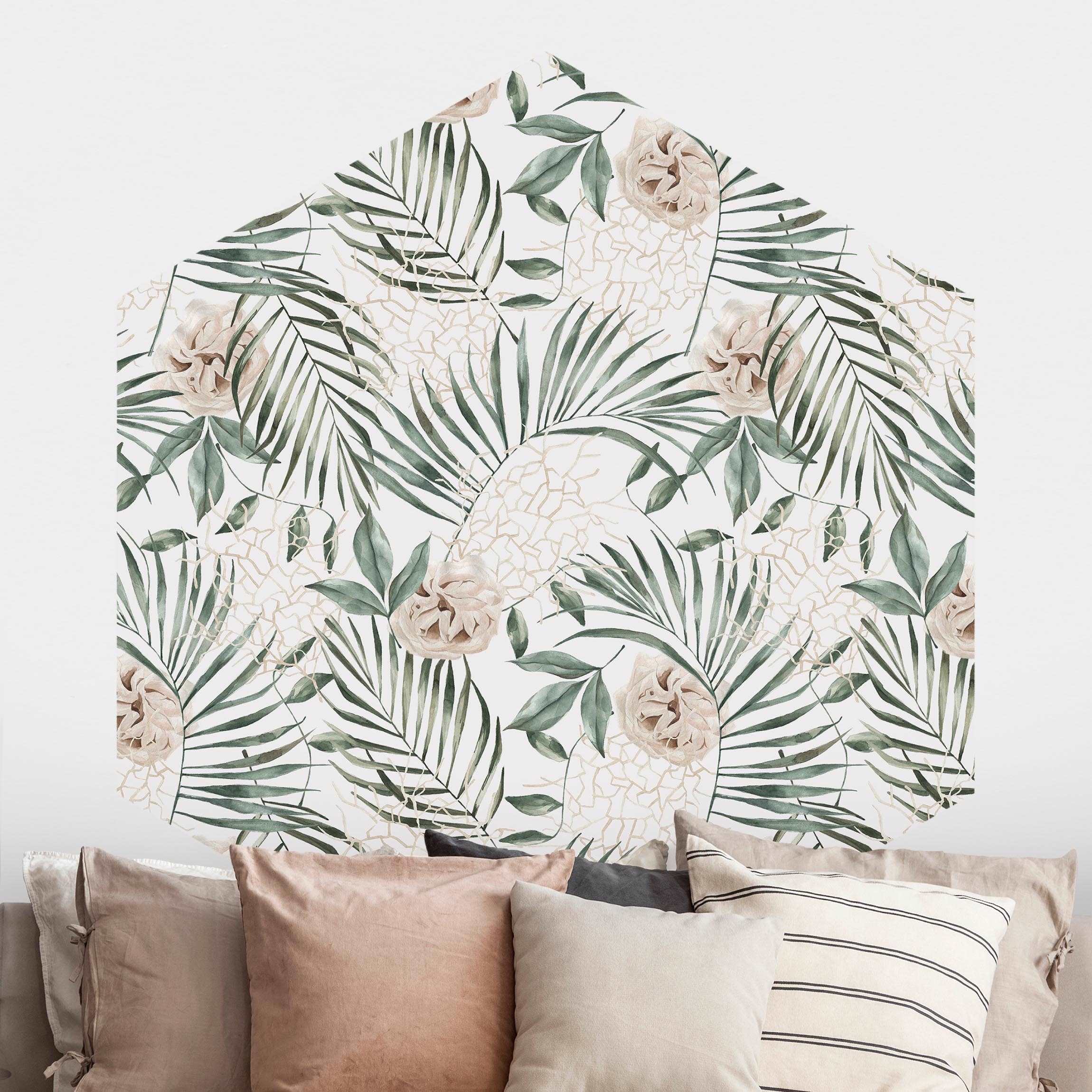 Hexagon Mustertapete selbstklebend Tropische Palmenbögen mit Rosen Aquarell