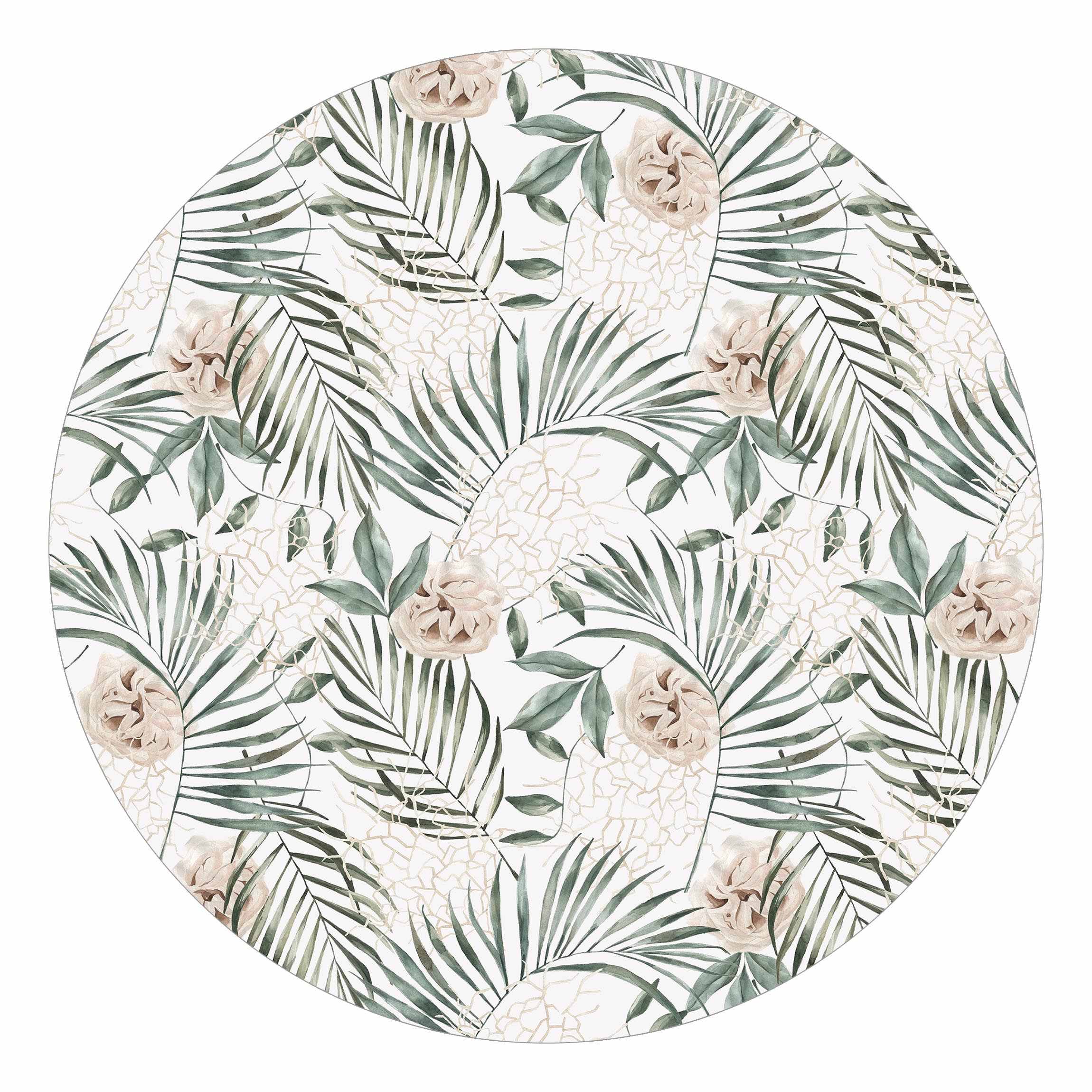 Runde Mustertapete selbstklebend Tropische Palmenbögen mit Rosen Aquarell