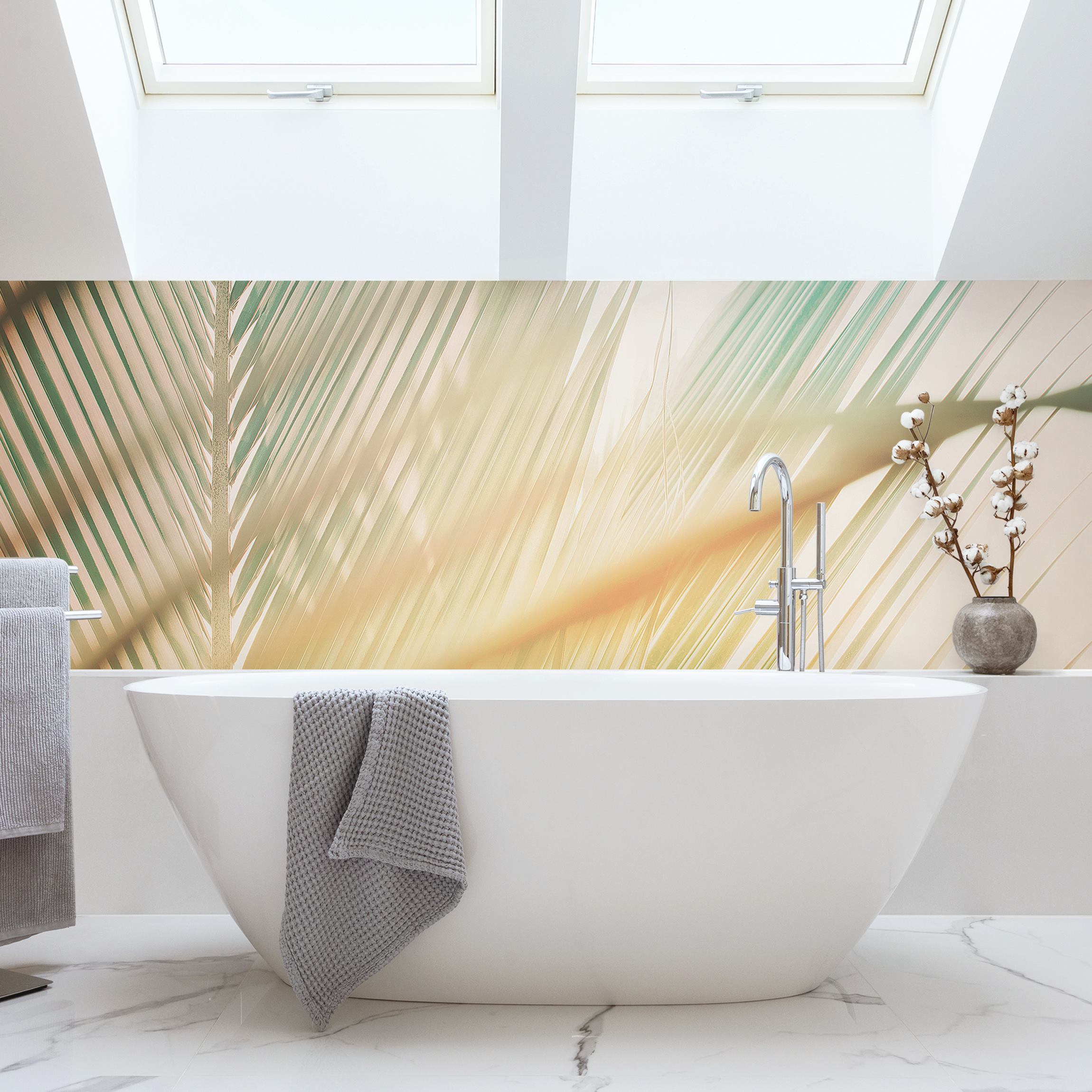 Wandverkleidung Bad Tropische Pflanzen Palmen bei Sonnenuntergang II