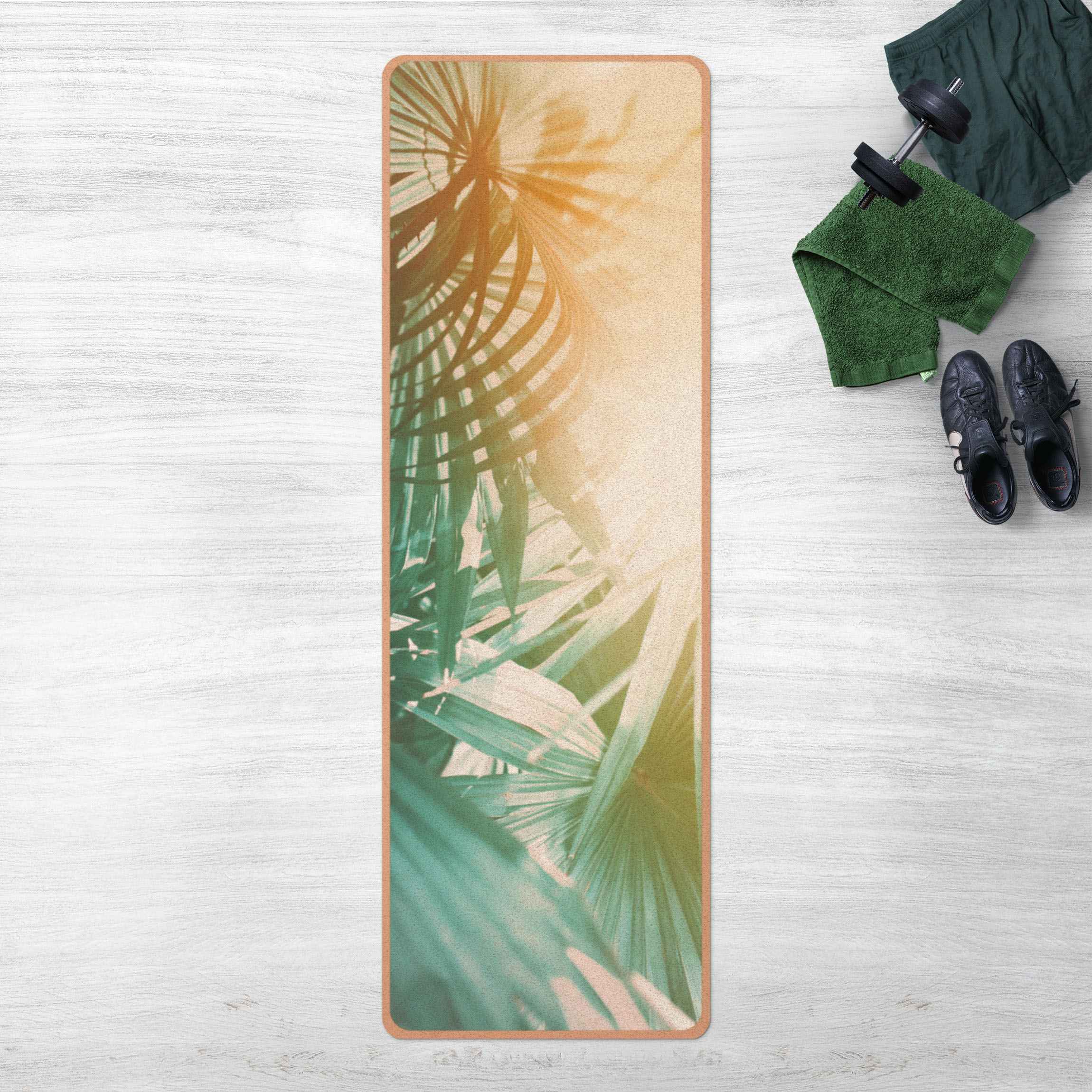 Yogamatte Kork Tropische Pflanzen Palmen bei Sonnenuntergang