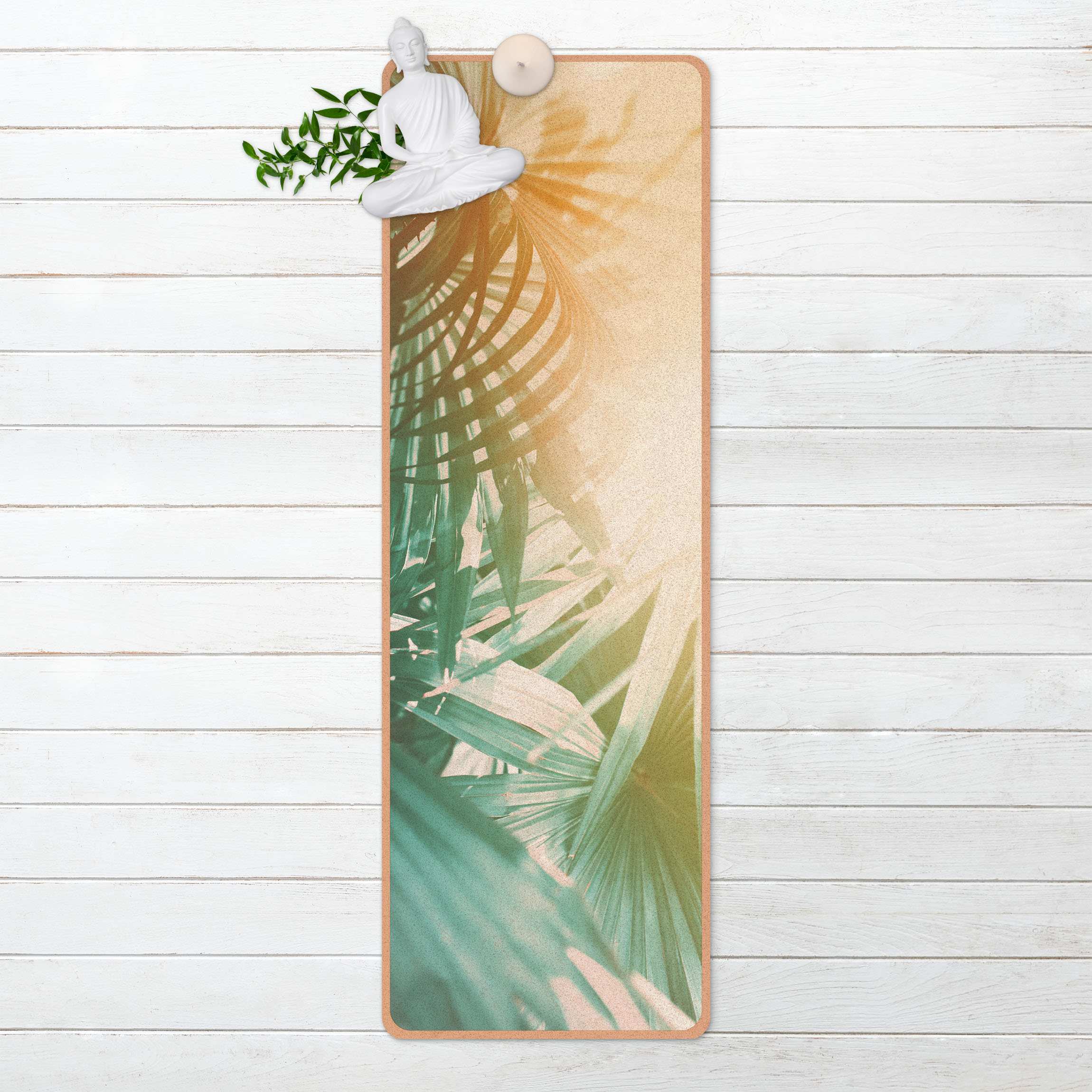 Yogamatte Kork Tropische Pflanzen Palmen bei Sonnenuntergang