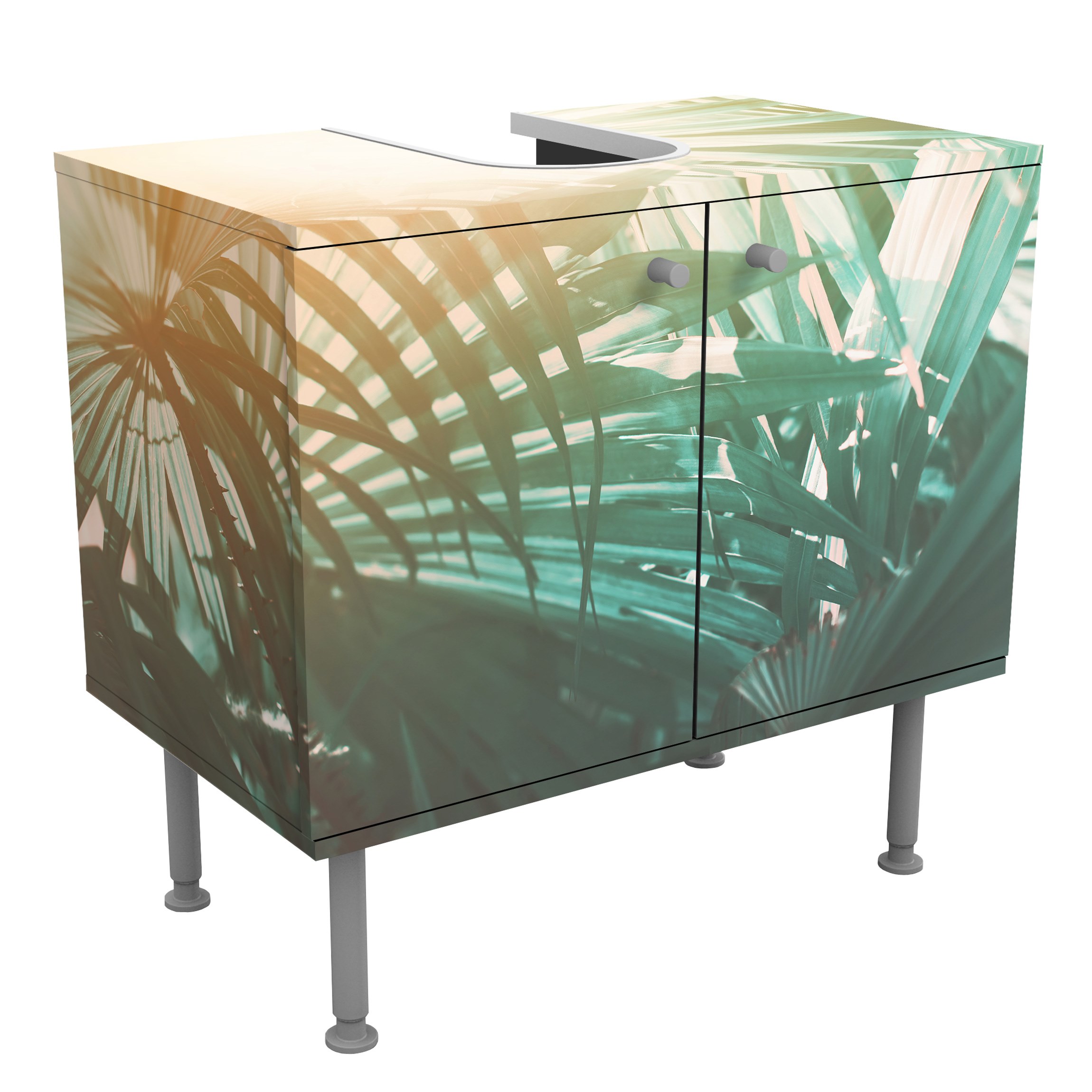 Waschbeckenunterschrank Tropische Pflanzen Palmen bei Sonnenuntergang