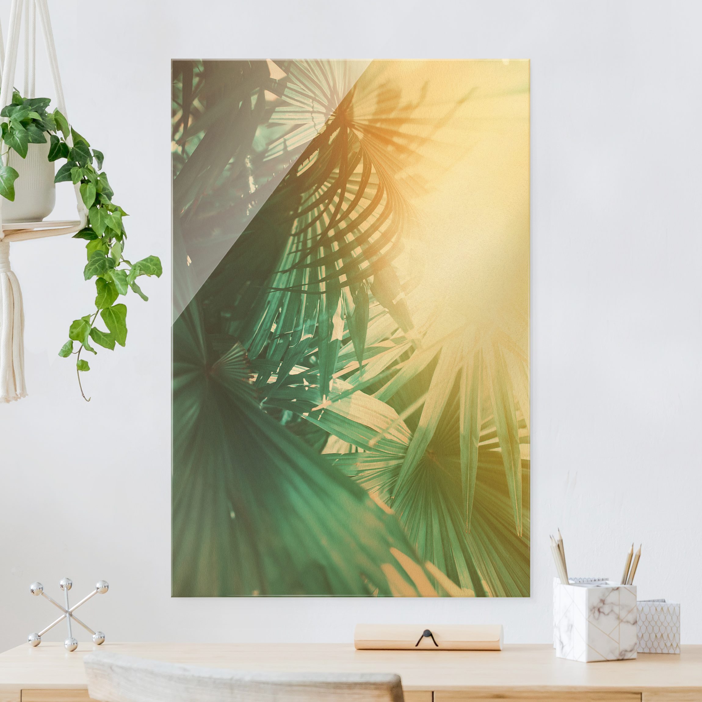 Glasbild Tropische Pflanzen Palmen bei Sonnenuntergang
