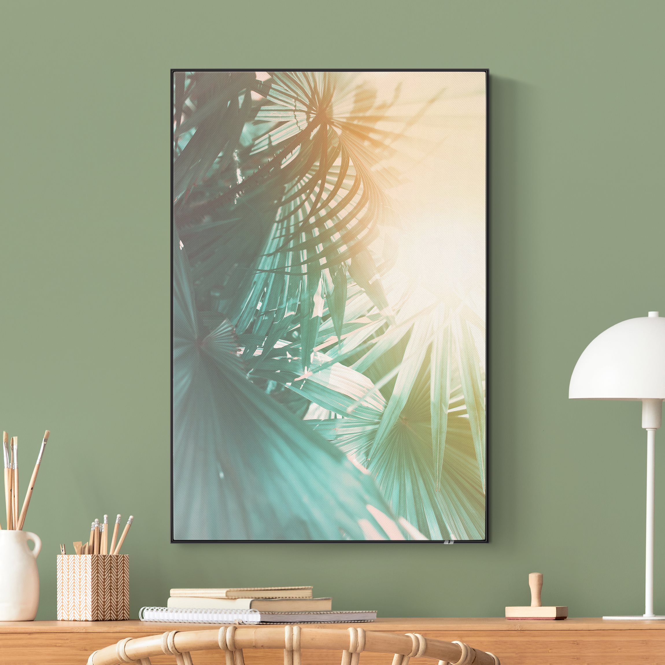 Akustik-Wechselbild Tropische Pflanzen Palmen bei Sonnenuntergang