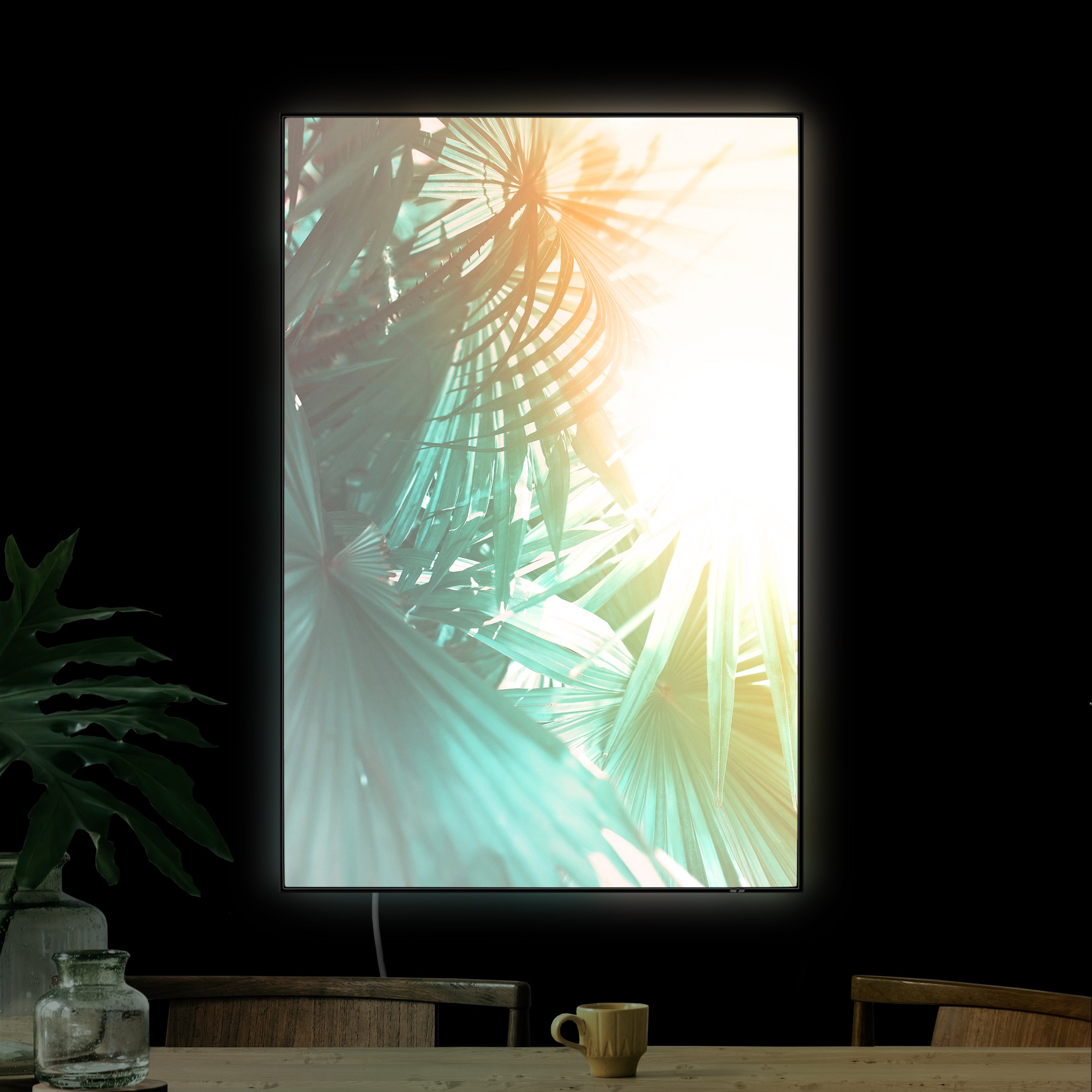 LED-Wechselbild Tropische Pflanzen Palmen bei Sonnenuntergang