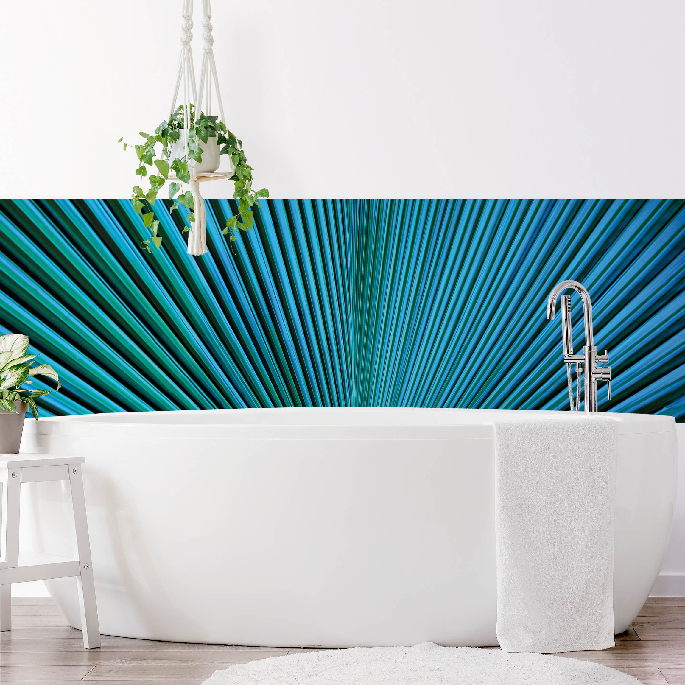 Wandverkleidung Bad Tropische Pflanzen Palmenblatt in Türkis II