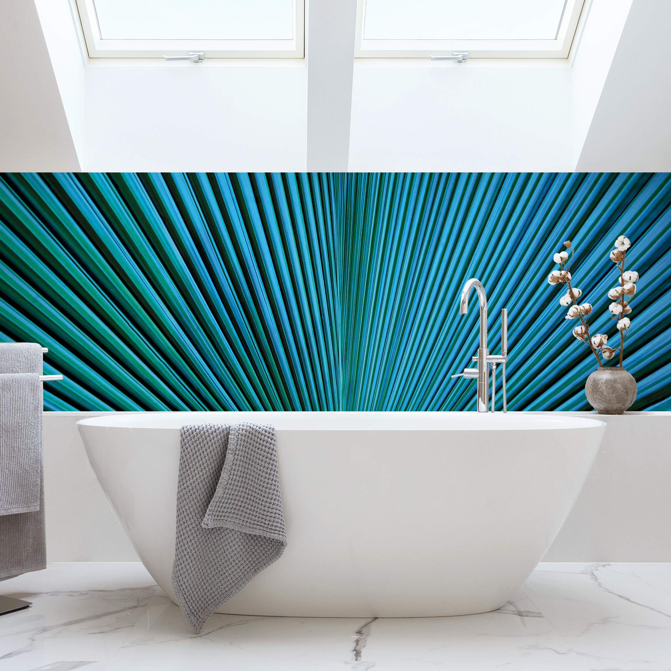 Wandverkleidung Bad Tropische Pflanzen Palmenblatt in Türkis II