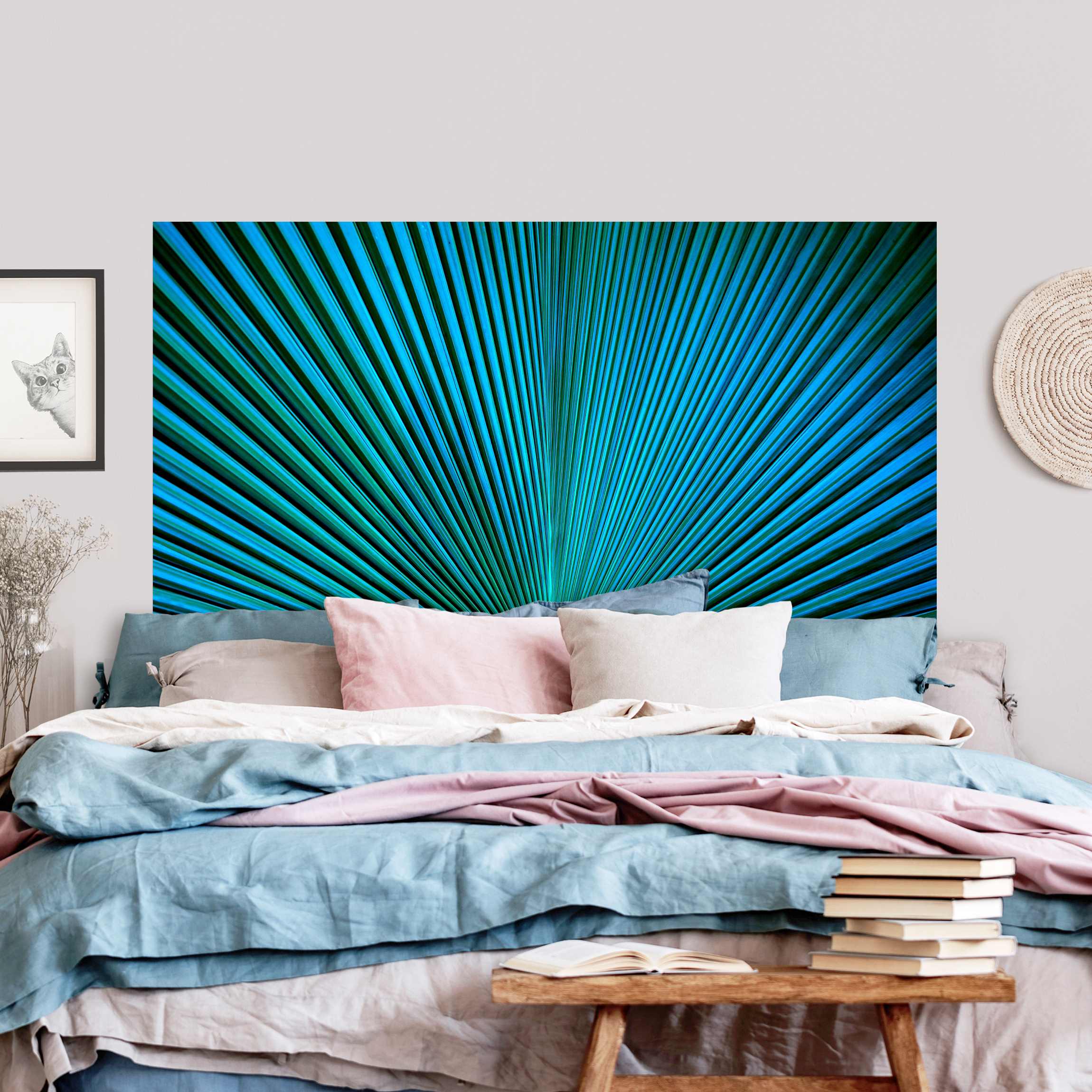 Kopfteil Bett Tropische Pflanzen Palmenblatt in Türkis II