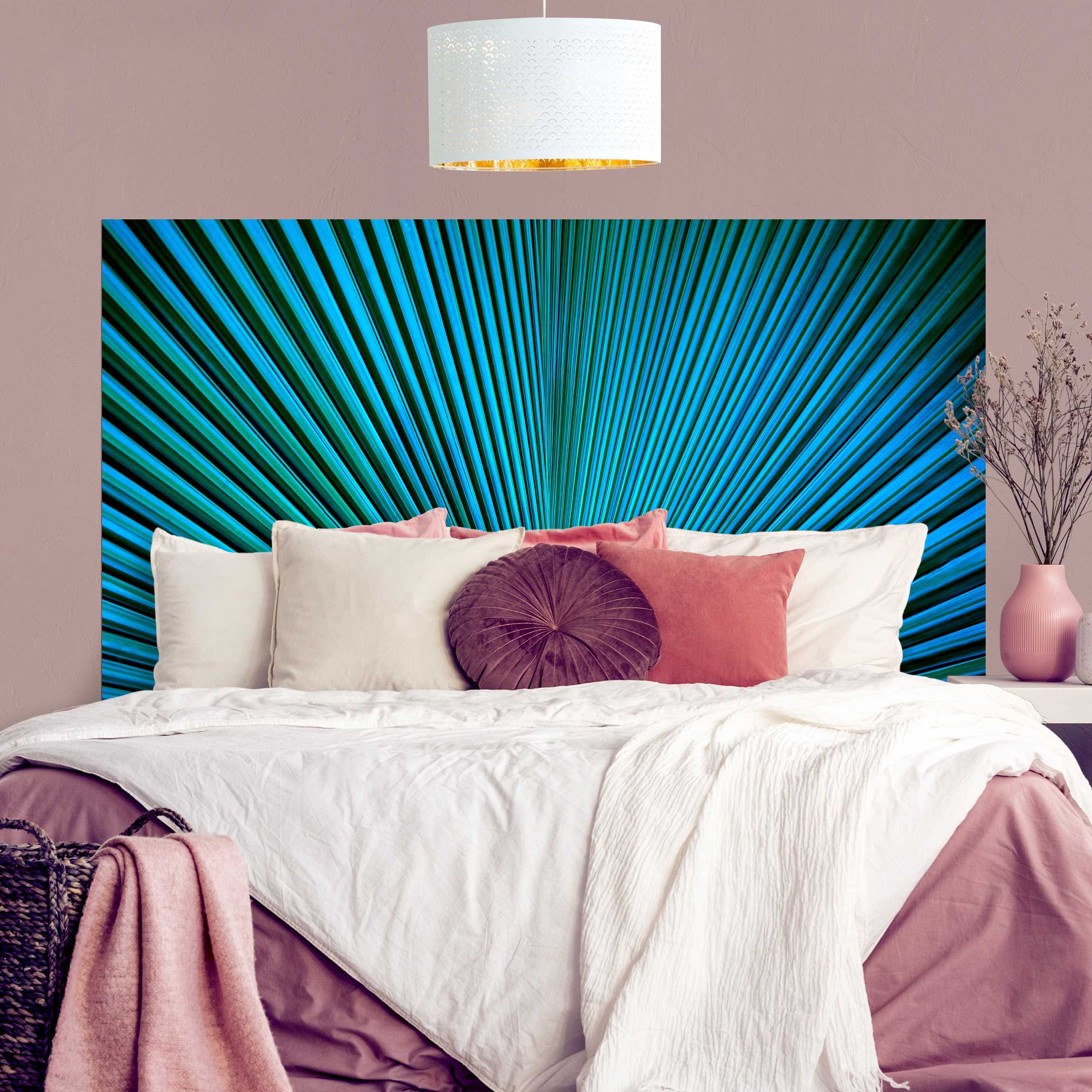 Kopfteil Bett Tropische Pflanzen Palmenblatt in Türkis II
