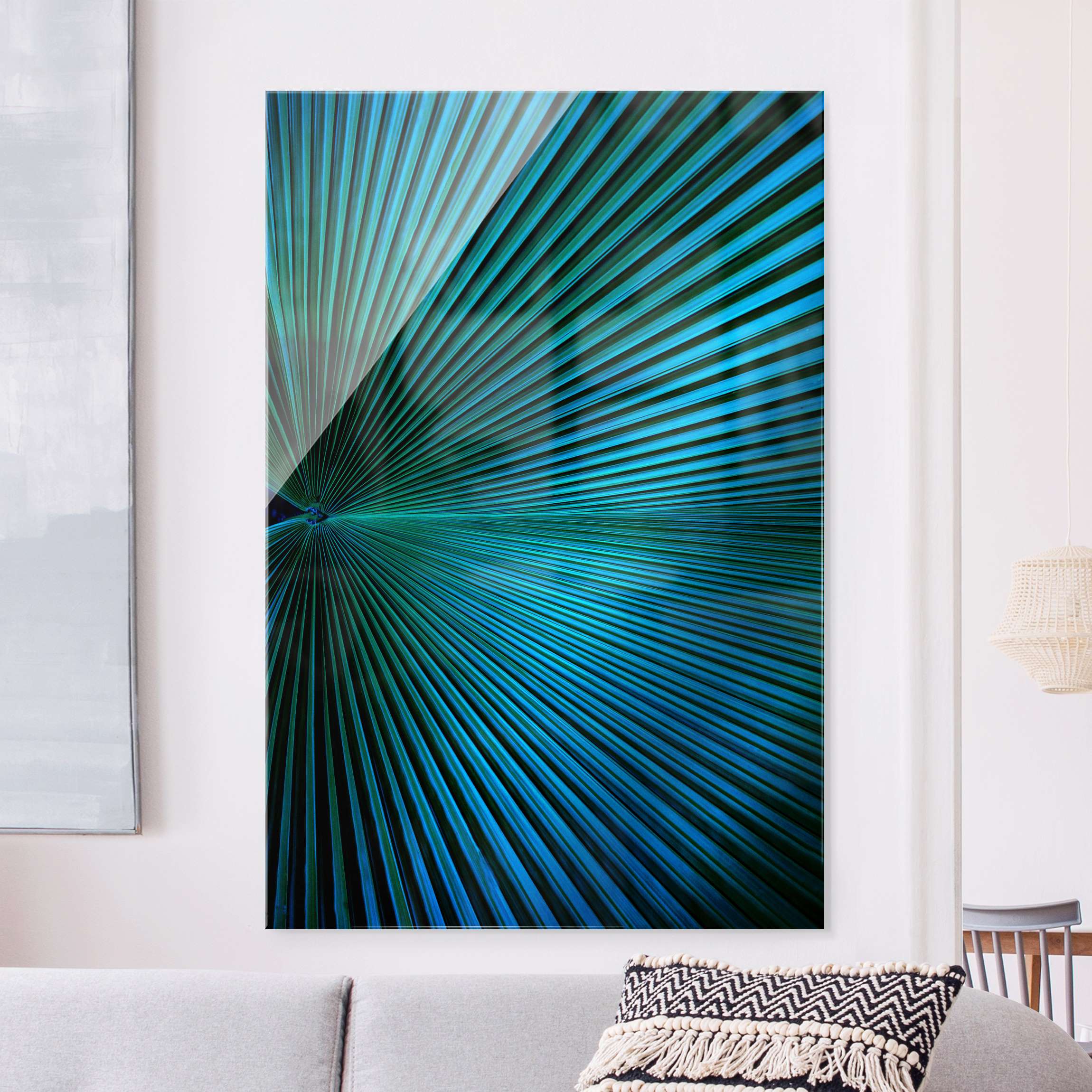 Glasbild Tropische Pflanzen Palmenblatt in Türkis II