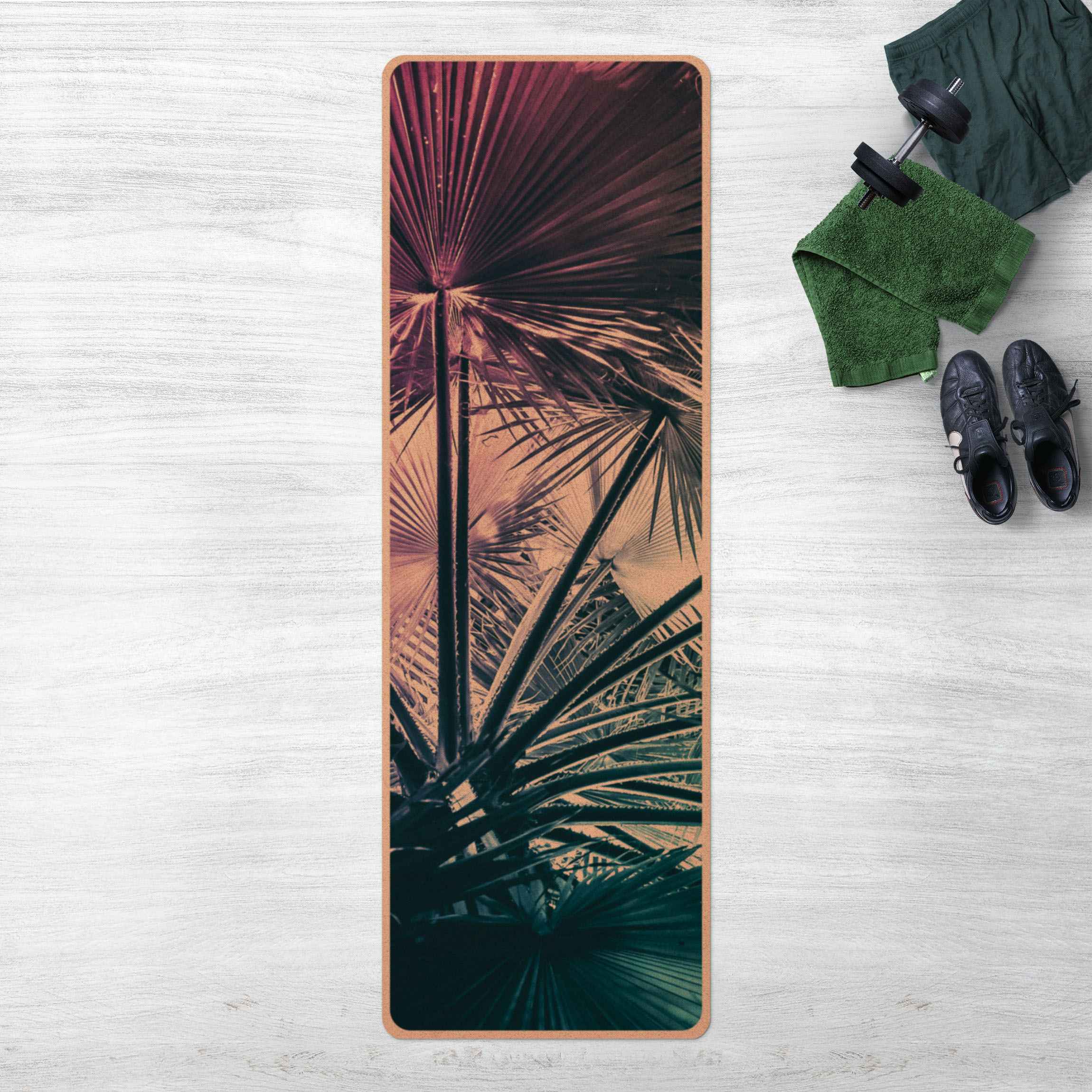 Yogamatte Kork Tropische Pflanzen Palmenblatt in Türkis III