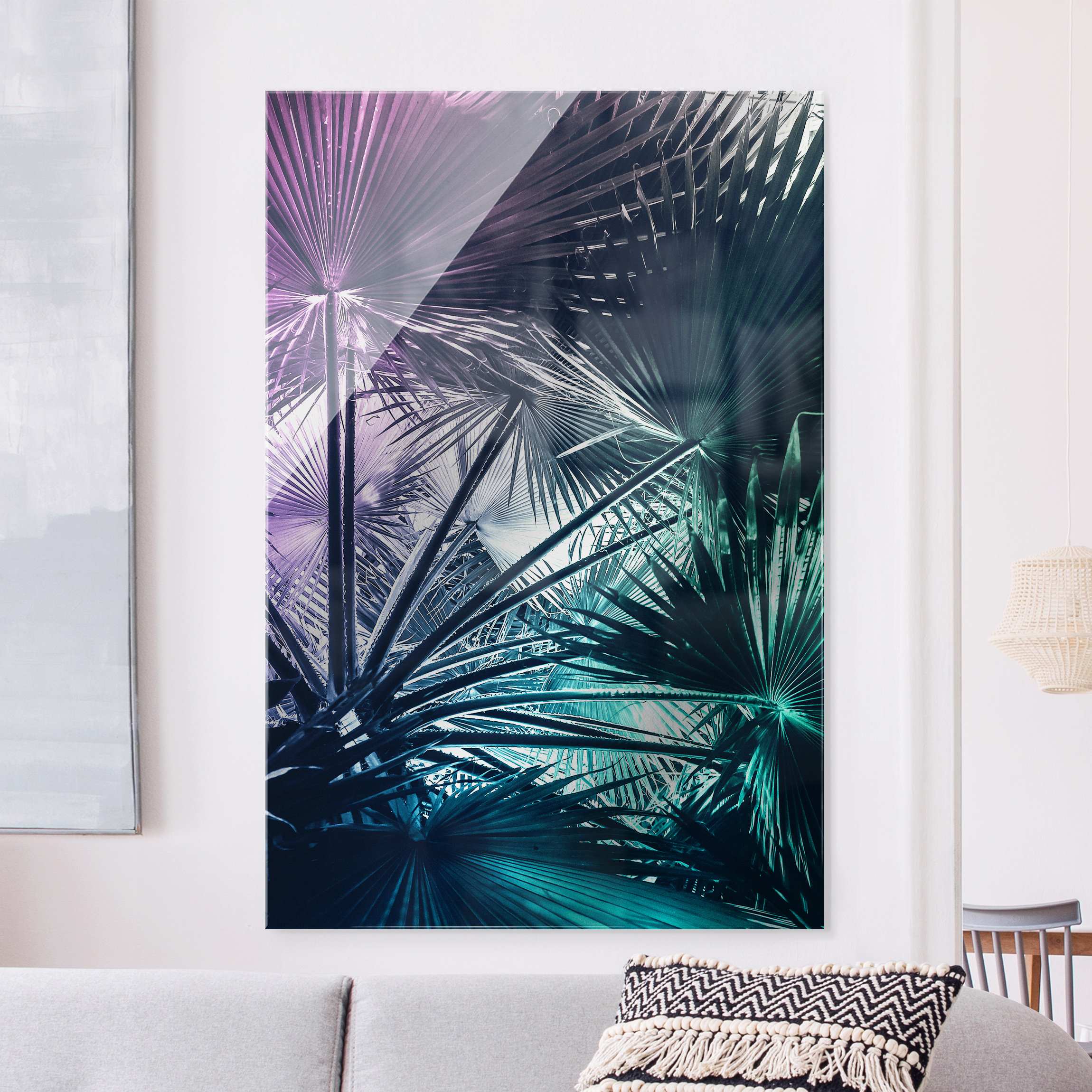 Glasbild Tropische Pflanzen Palmenblatt in Türkis III