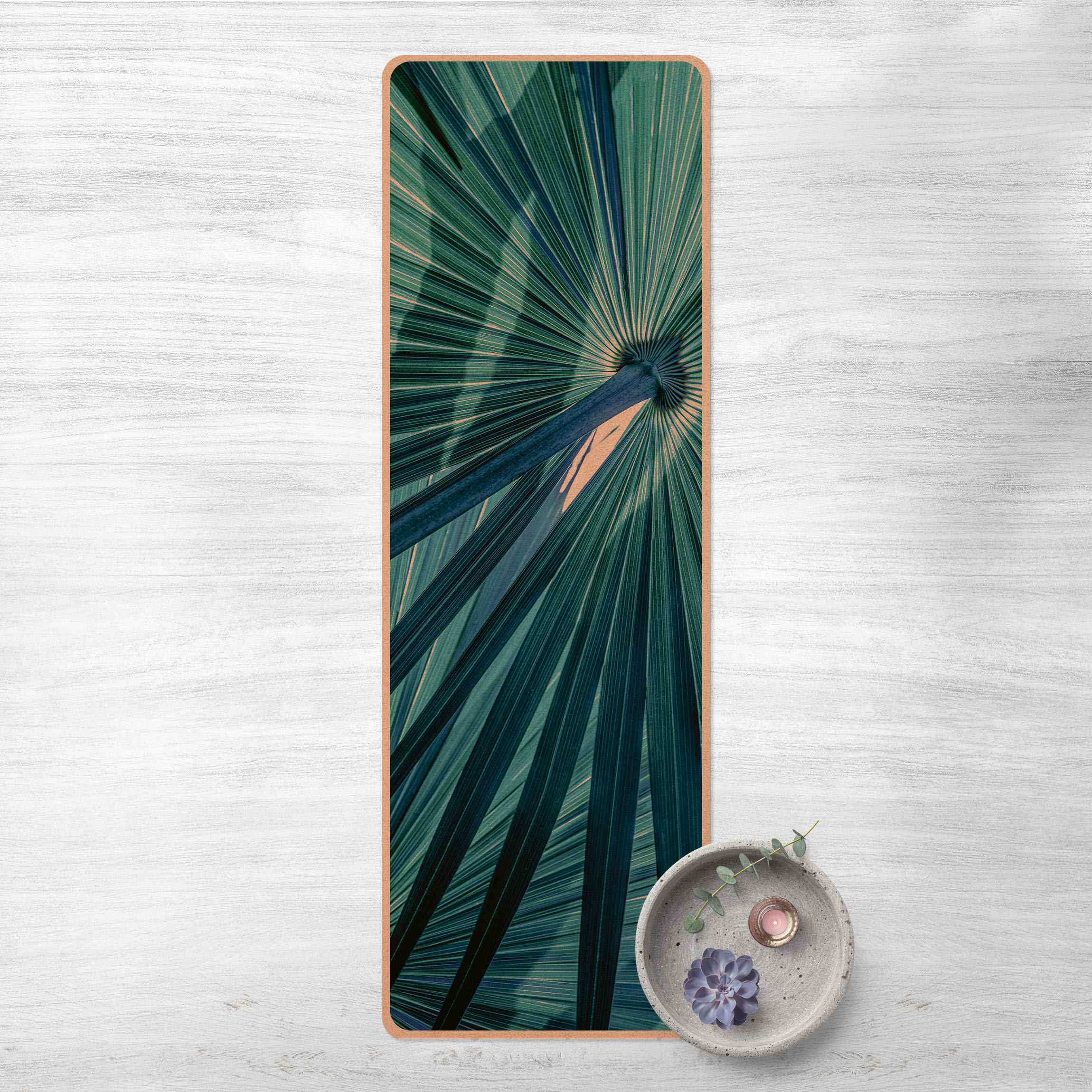 Yogamatte Kork Tropische Pflanzen Palmenblatt in Türkis