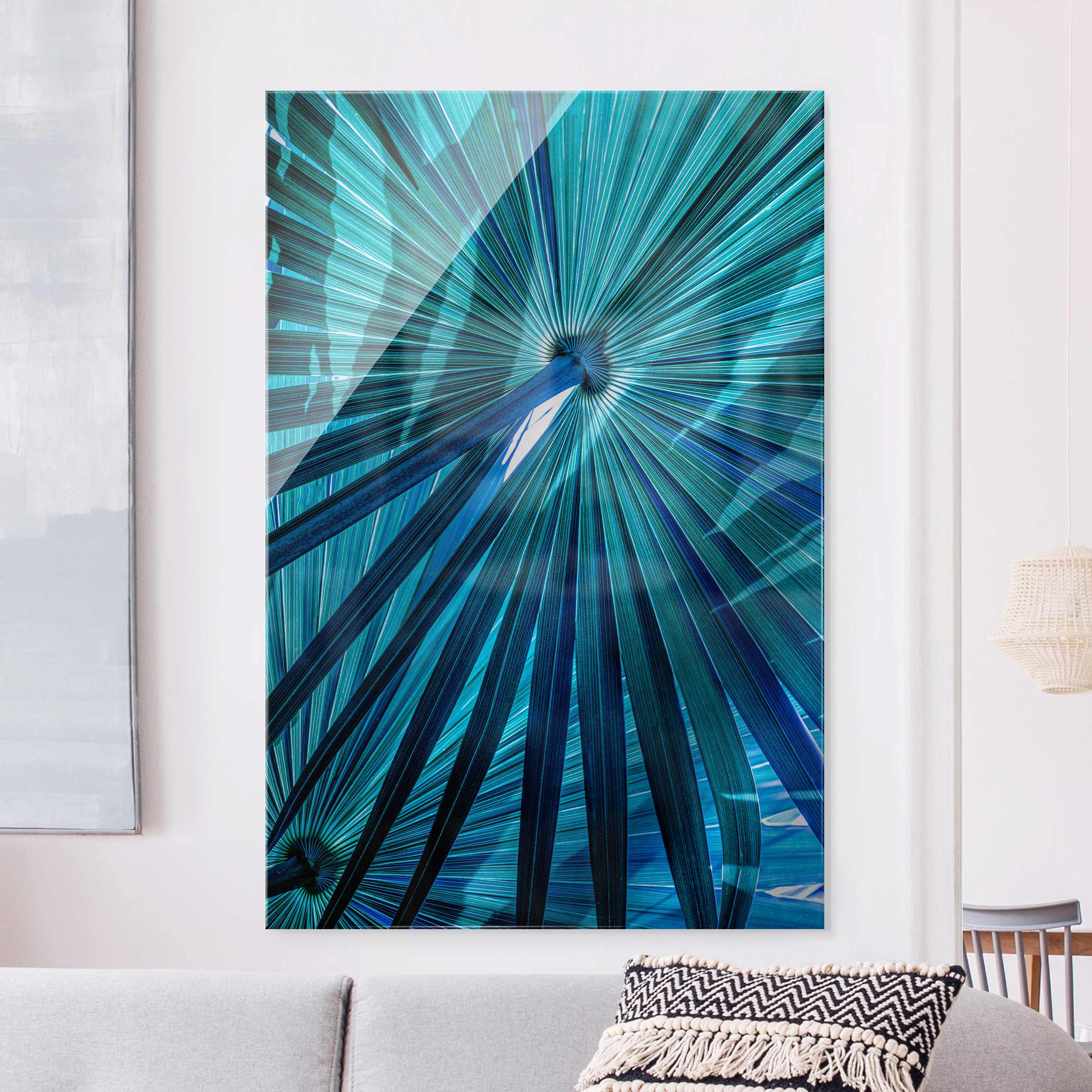 Glasbild Tropische Pflanzen Palmenblatt in Türkis