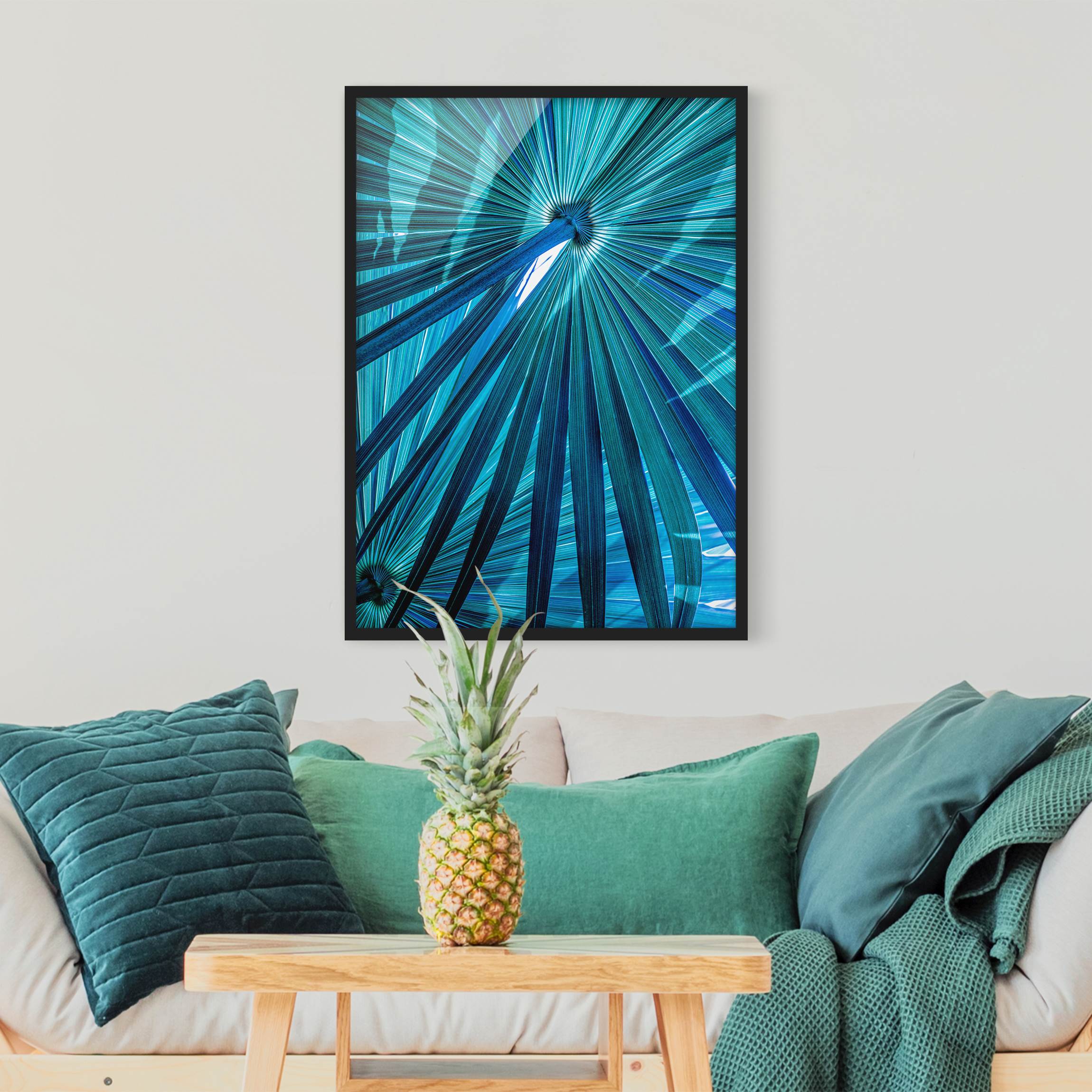 Bild mit Rahmen Tropische Pflanzen Palmenblatt in Türkis