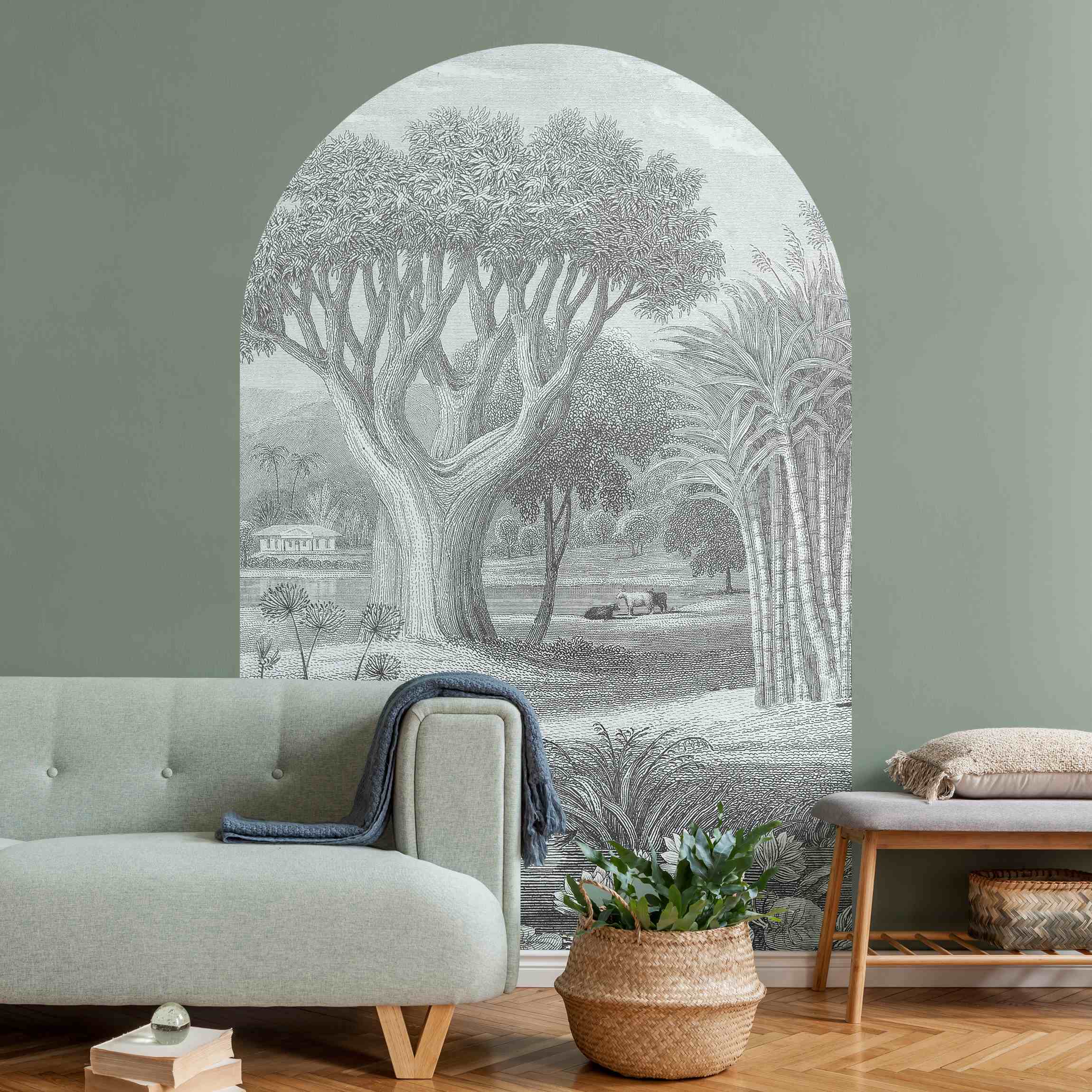 Rundbogen Tapete Tropischer Kupferstich Garten mit Teich in Grau